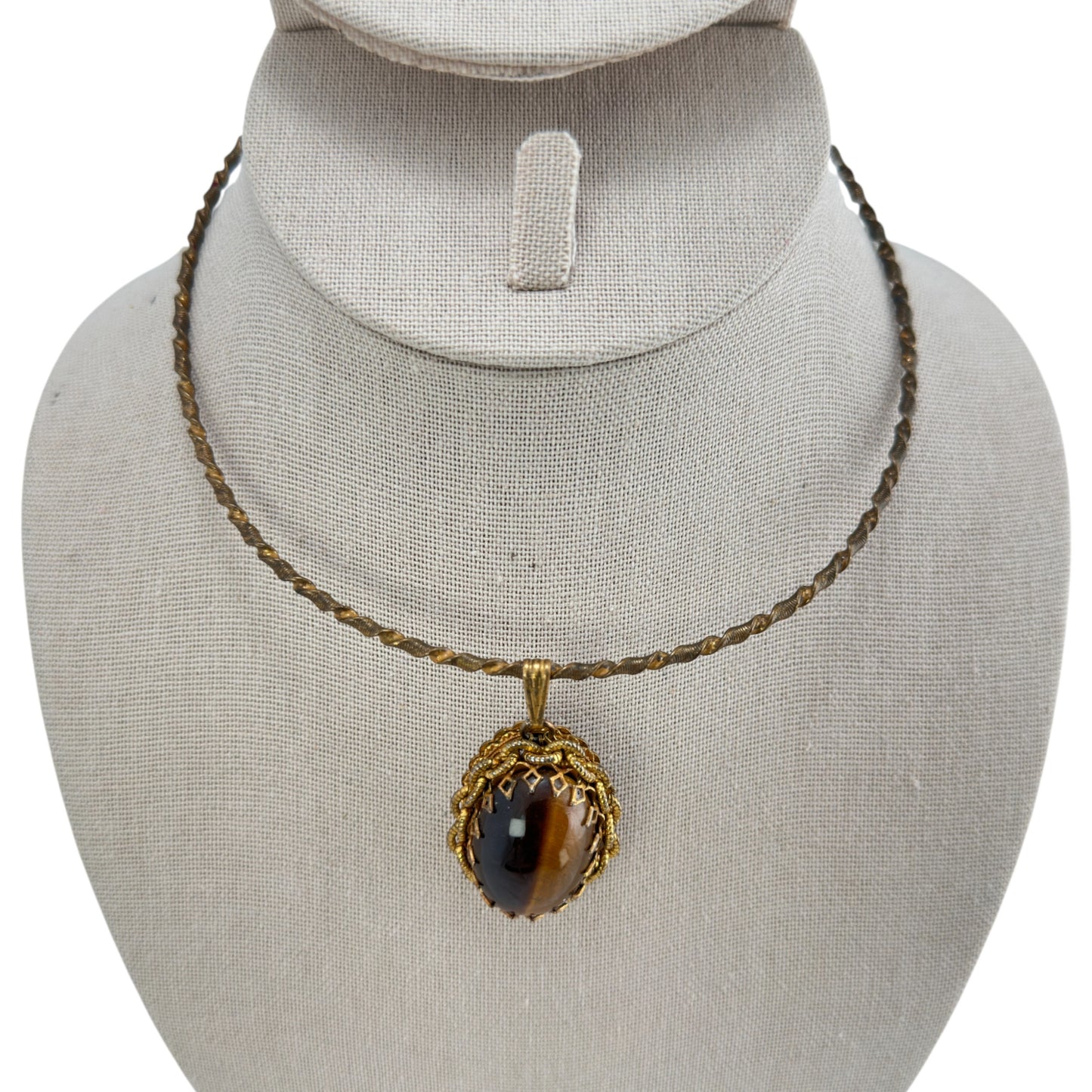 Full length view of Miriam Haskell twisted rope gold-tone chain with Tiger's Eye pendant, approx. 13 inches total length