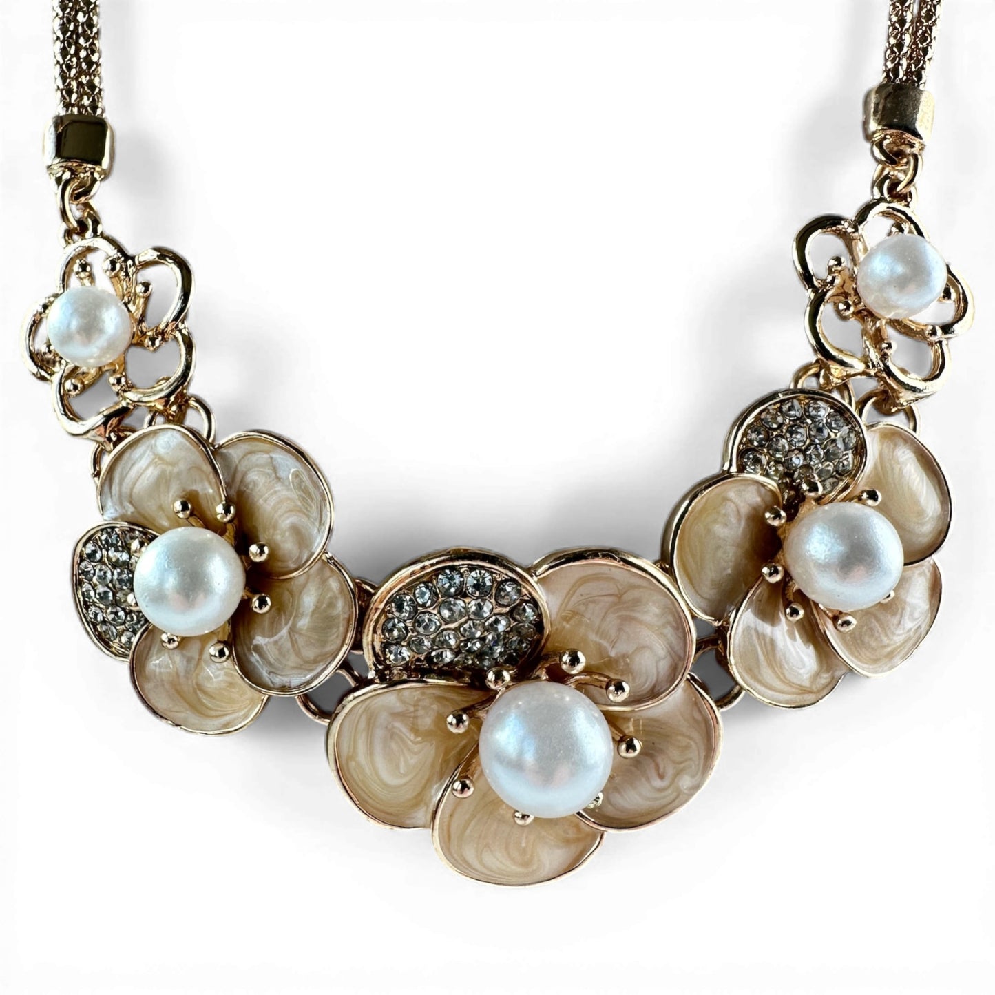 Retro Gold-Tone Enamel & Faux Pearl Floral Bib Necklace
