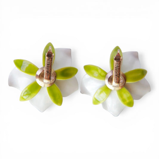 Reverse of SARAH COV floral clip-on earrings showing gold-tone lever-style clip mechanism stamped with copyright mark and ...