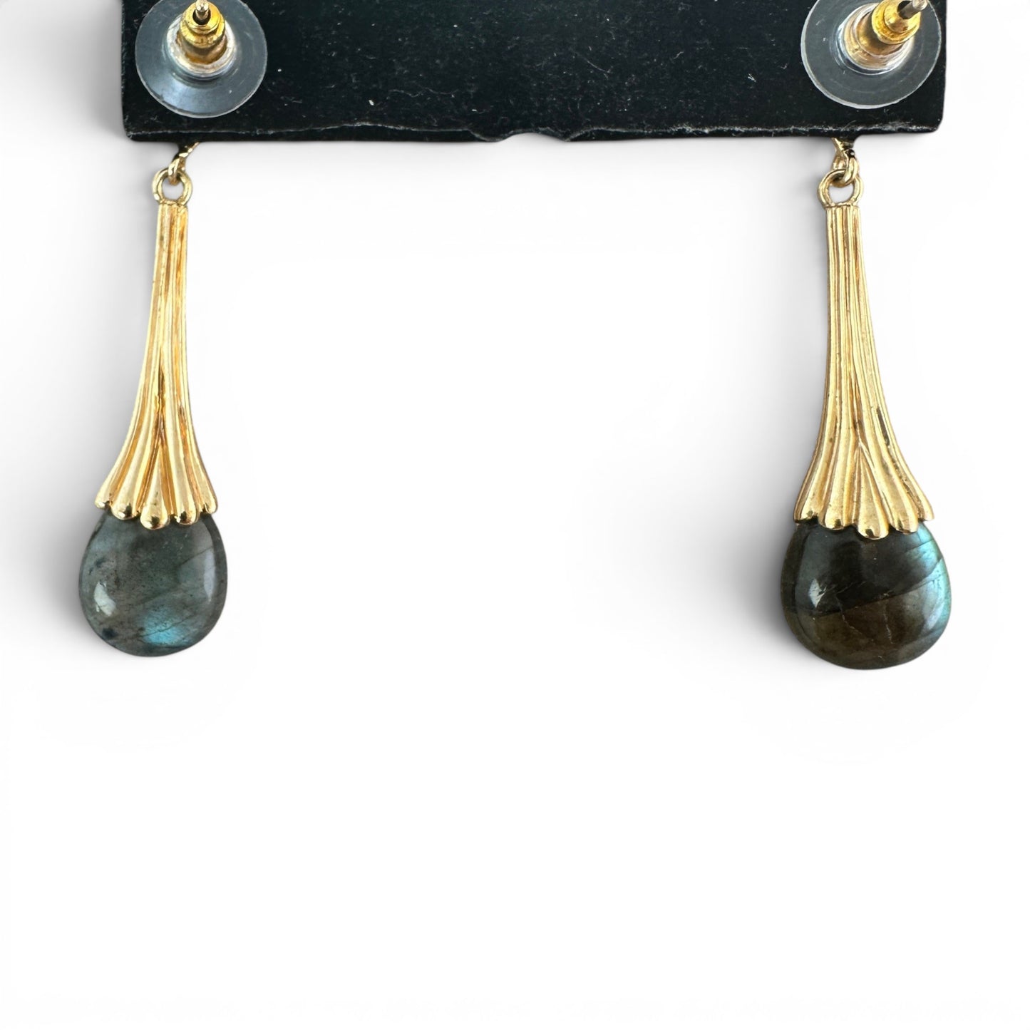 Reverse view of post-and-butterfly backs with silicone friction grips on gold-tone drop earrings