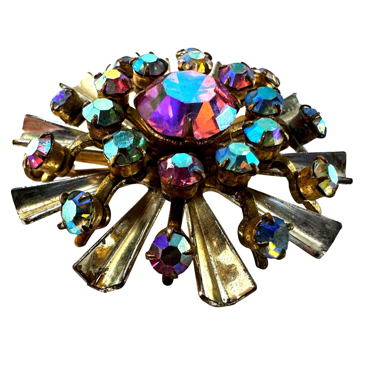 Pink and blue aurora rhinestone burst brooch – on display