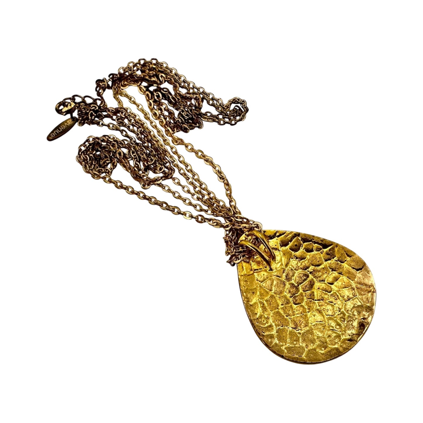 Avenue gold-tone teardrop pendant necklace with reptile-scale textured surface on multi-strand cable link chain
