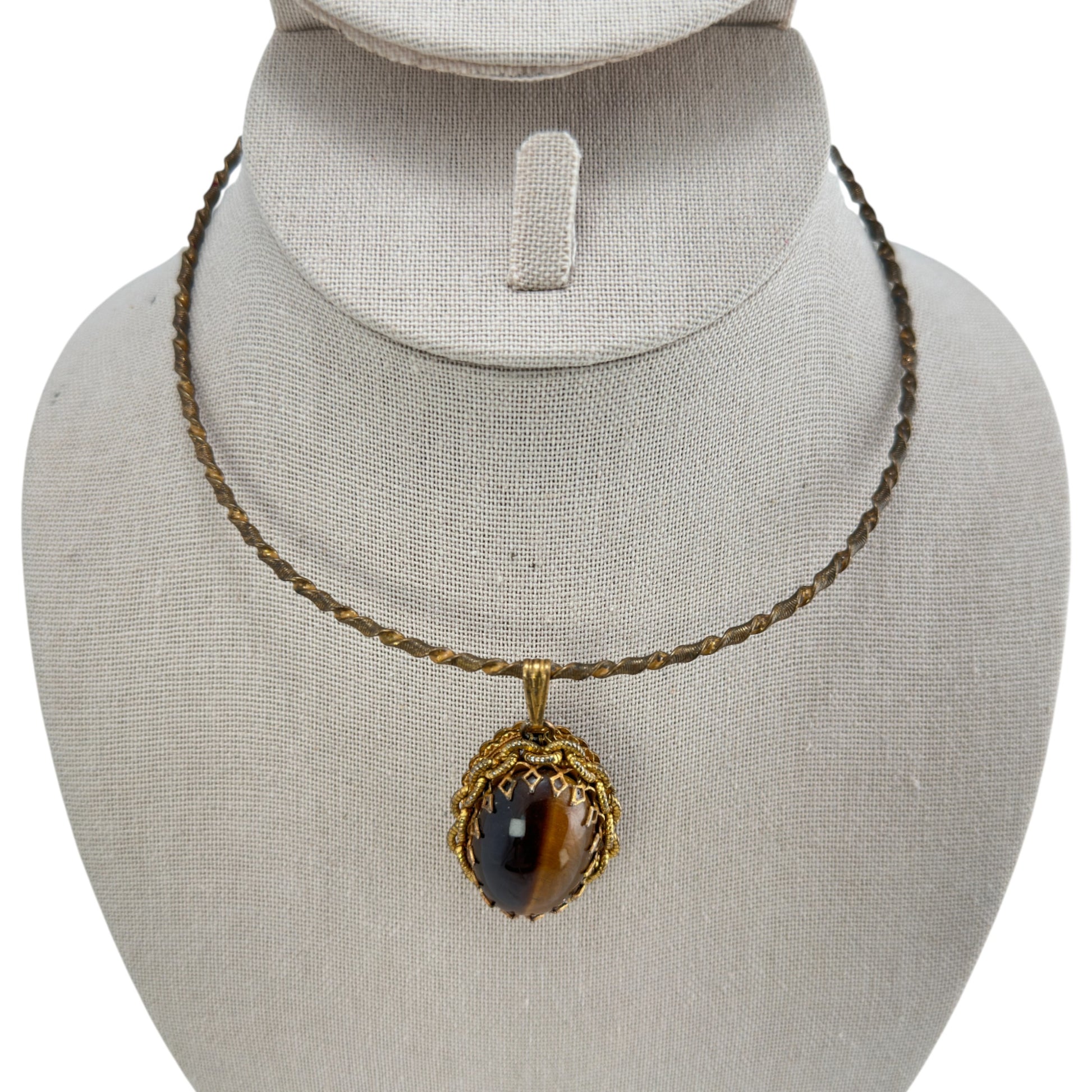 Full length view of Miriam Haskell twisted rope gold-tone chain with Tiger's Eye pendant, approx. 13 inches total length