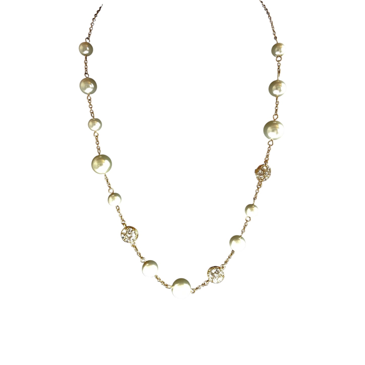 Gold-tone station necklace with alternating cream faux pearl beads and small pavé rhinestone disc links on fine cable chain
