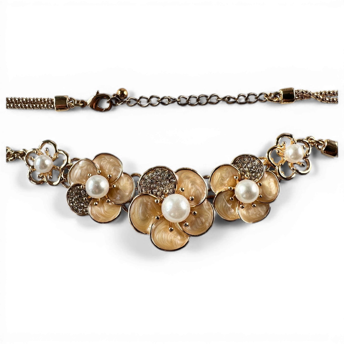 Retro Gold-Tone Enamel & Faux Pearl Floral Bib Necklace