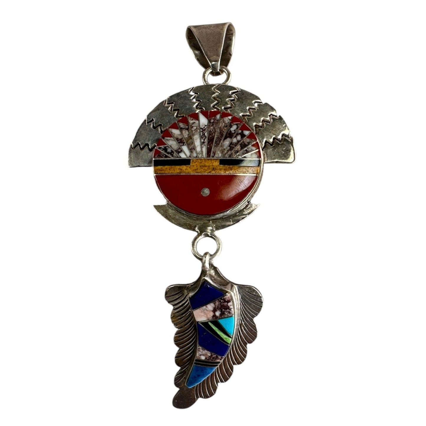 Ray Bages sterling silver sun face pendant with multi-stone channel inlay and feather dangle, front view, approx. 3.5in