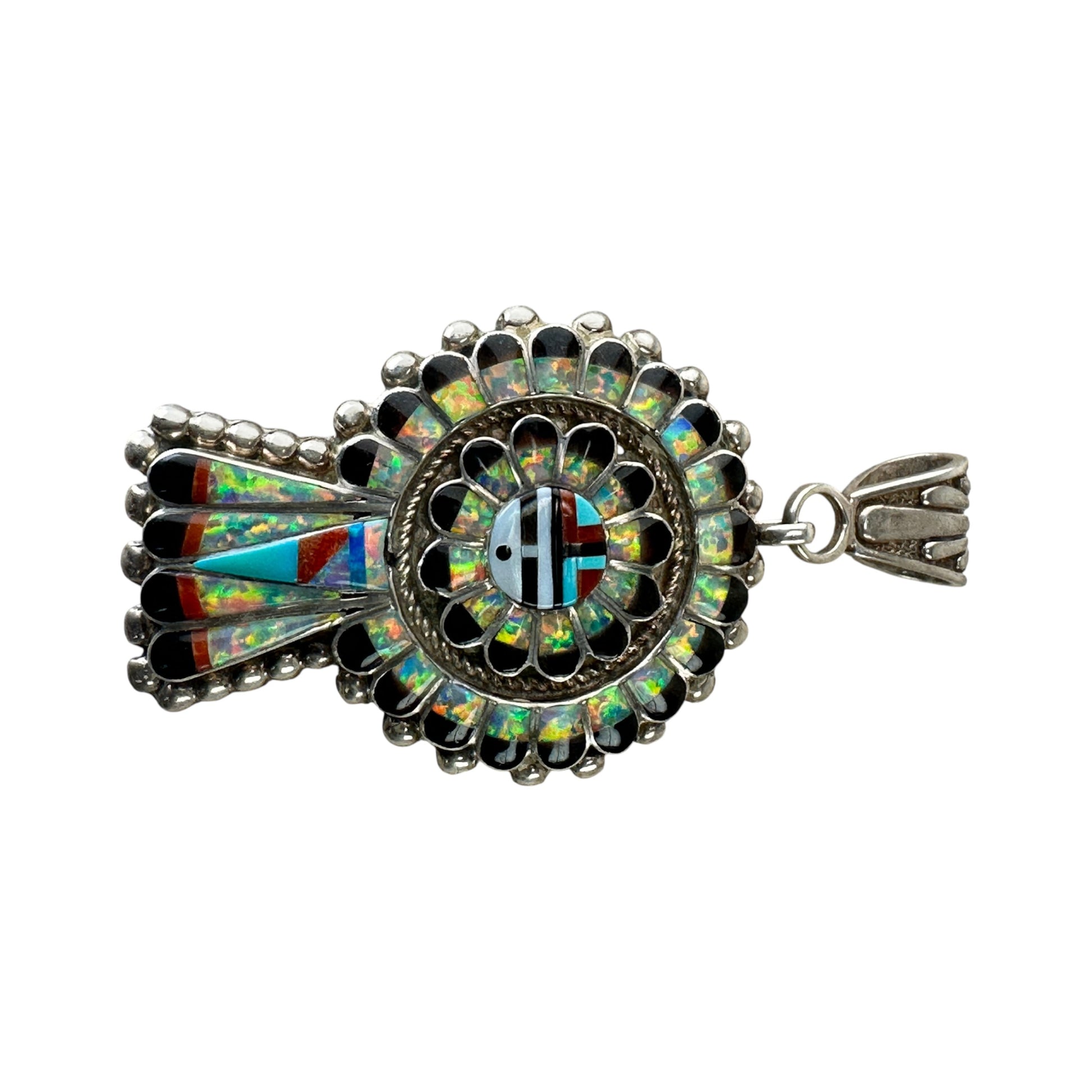 Detail of double-ring outer surround with alternating opal and onyx inlaid segments and sterling rope-twist divider