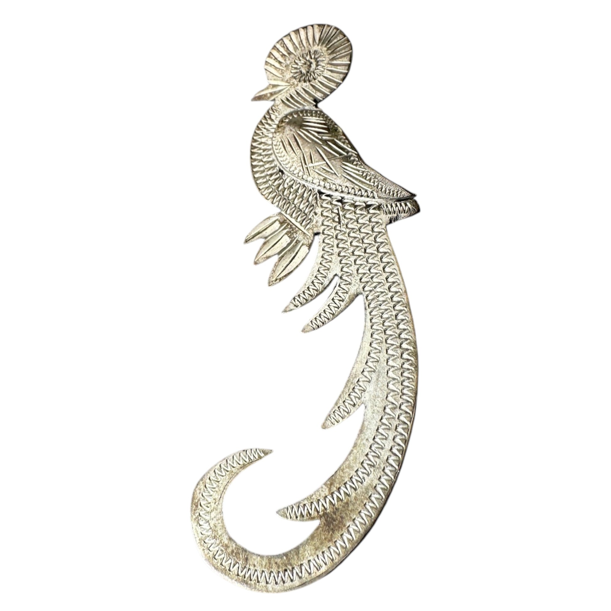 Large sterling silver phoenix brooch with sunburst crest and chased feather detailing, front view, approx. 2.5 inches