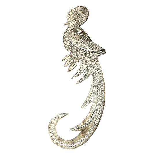 Large sterling silver phoenix brooch with sunburst crest and chased feather detailing, front view, approx. 2.5 inches