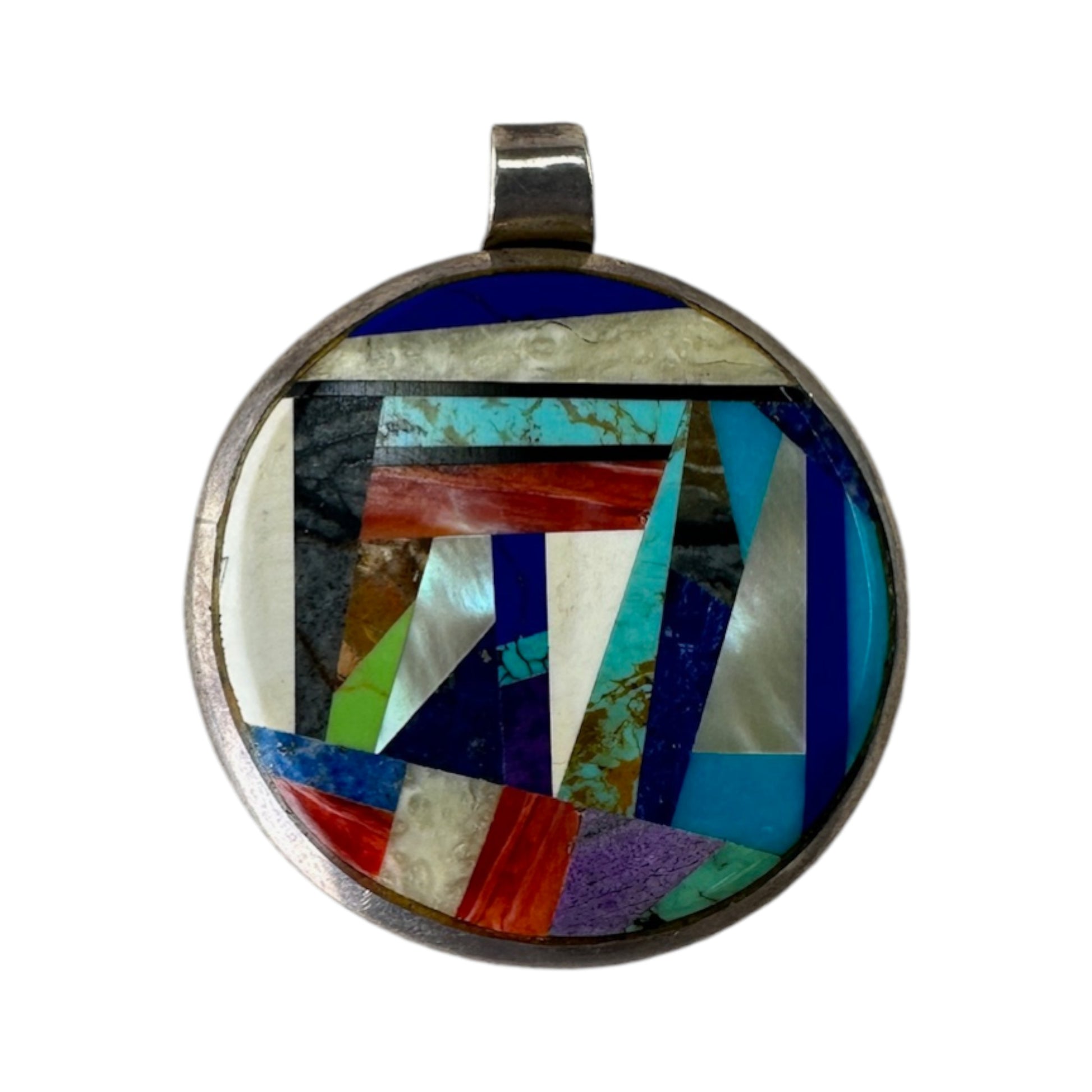 Round sterling silver pendant with flush mosaic inlay of turquoise, lapis, spiny oyster, sugilite, malachite, onyx, and mo...