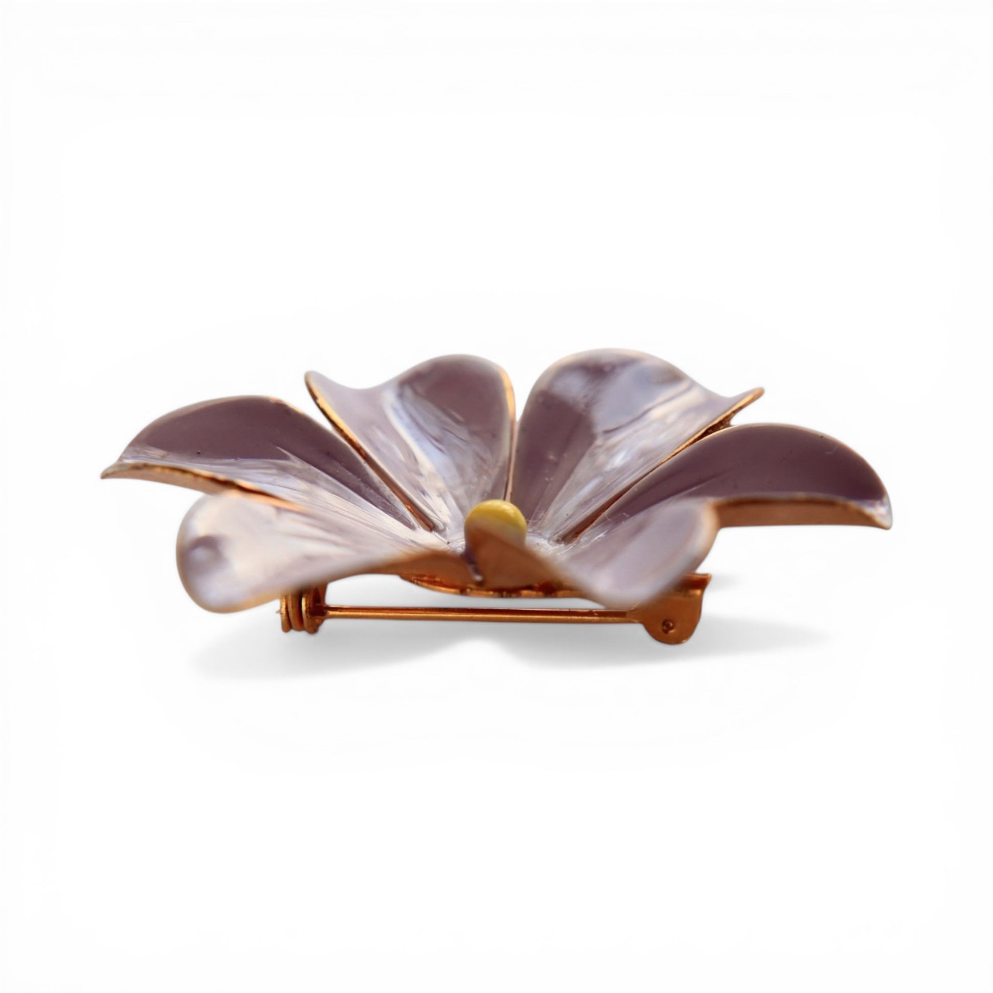Close-up of ribbed petal texture and copper-tone gilt metal edging on lavender enamel brooch petals