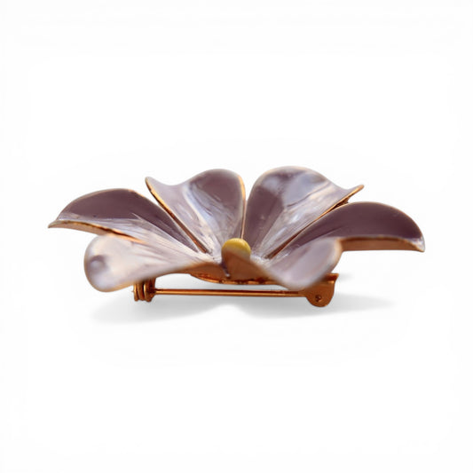 Close-up of ribbed petal texture and copper-tone gilt metal edging on lavender enamel brooch petals