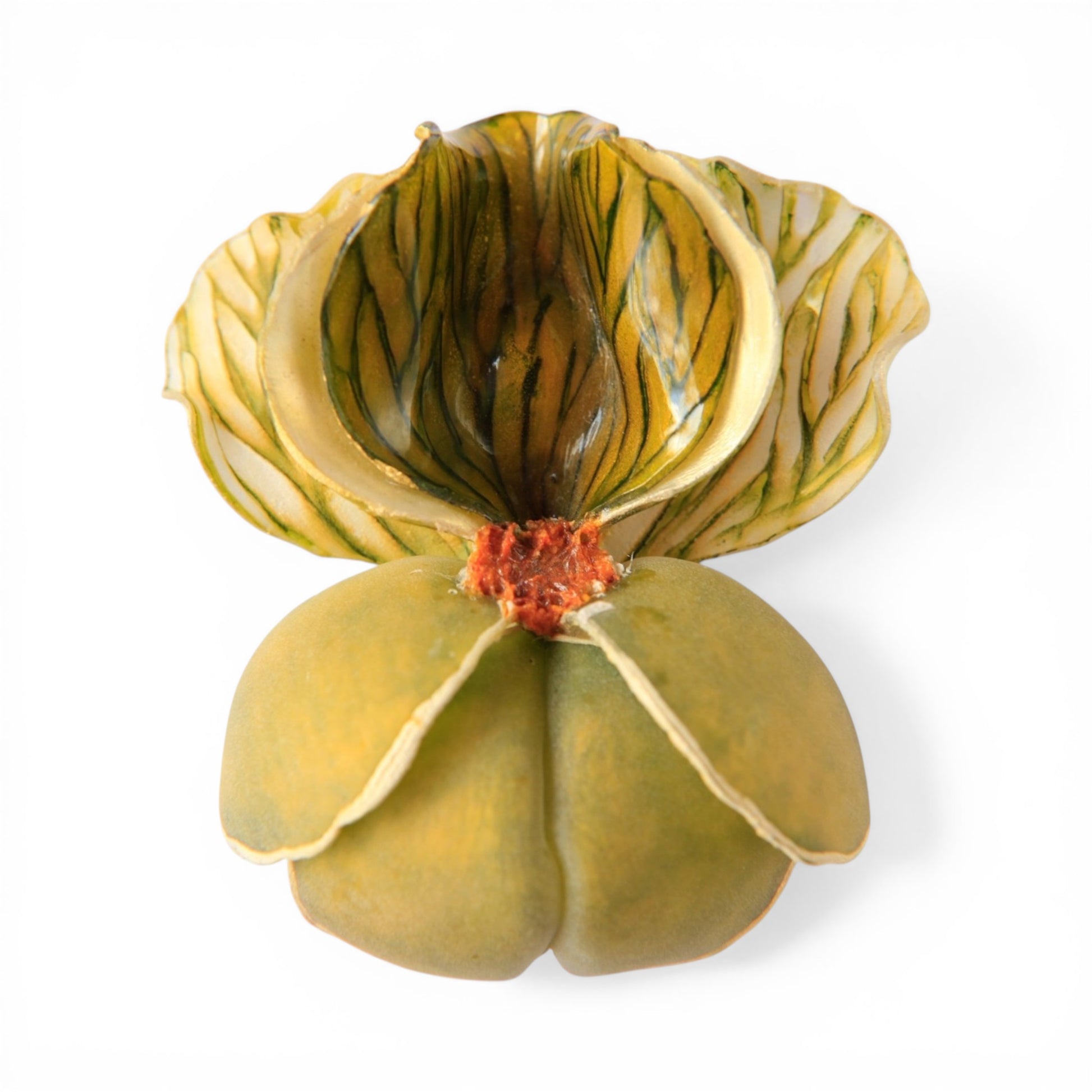 Cilea signed resin iris brooch with painted yellow-green amber and orange-red petals, approx 3 inches, front view
