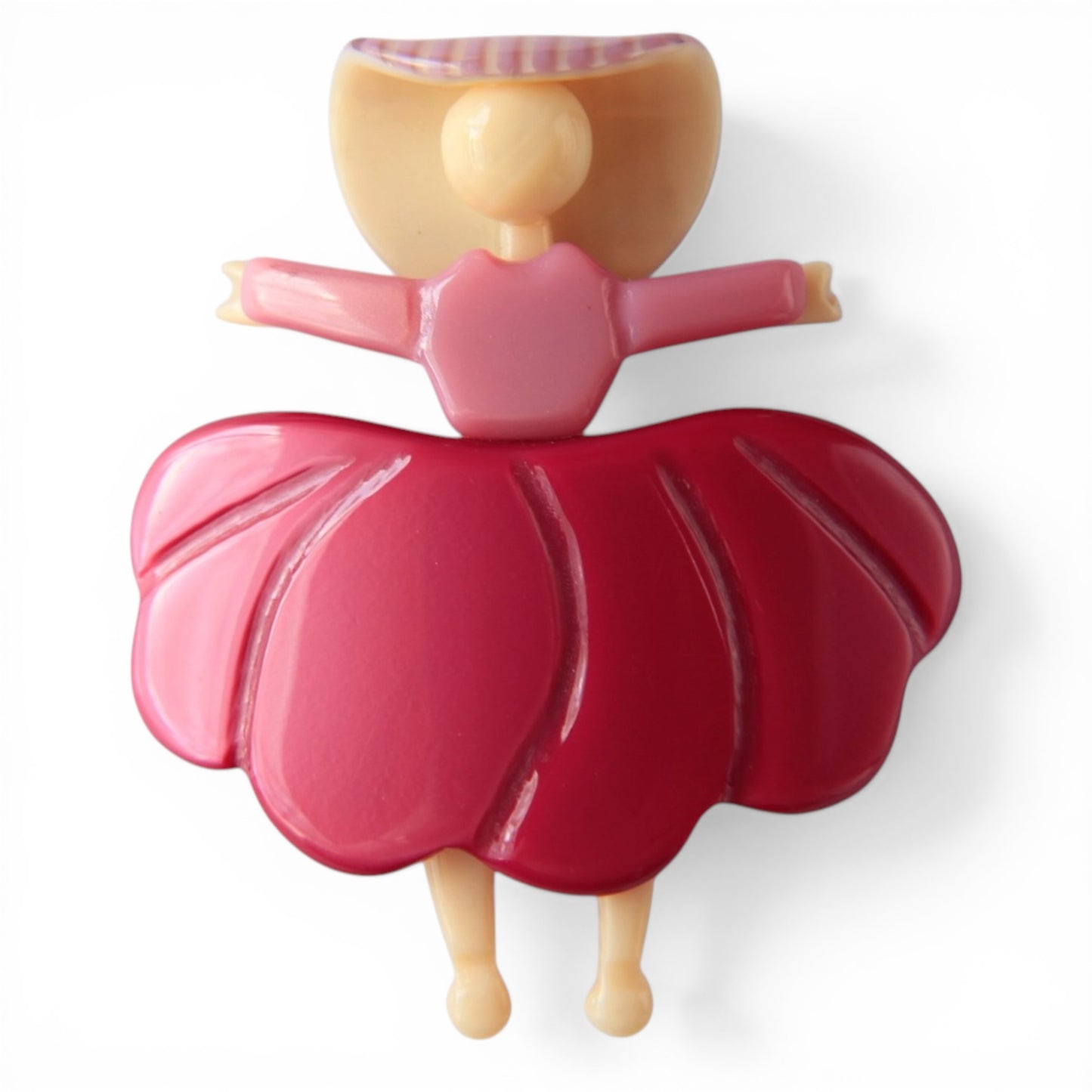Figural doll claw clip with deep rose petal skirt, striped bonnet head, and outstretched arms in molded acrylic