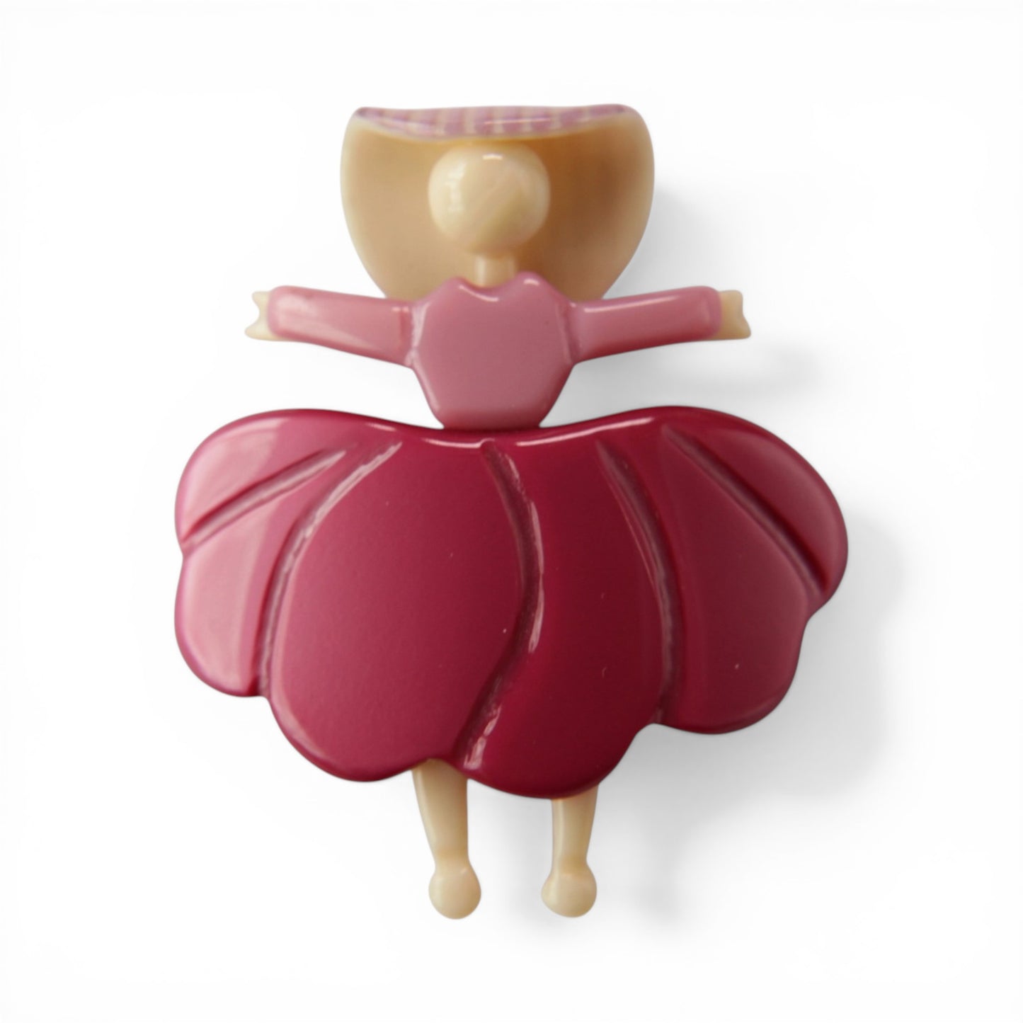 Front view of multi-part plastic ballerina hair clip in burgundy, mauve, and lilac-stripe colourway, approx. 2.25 inches tall