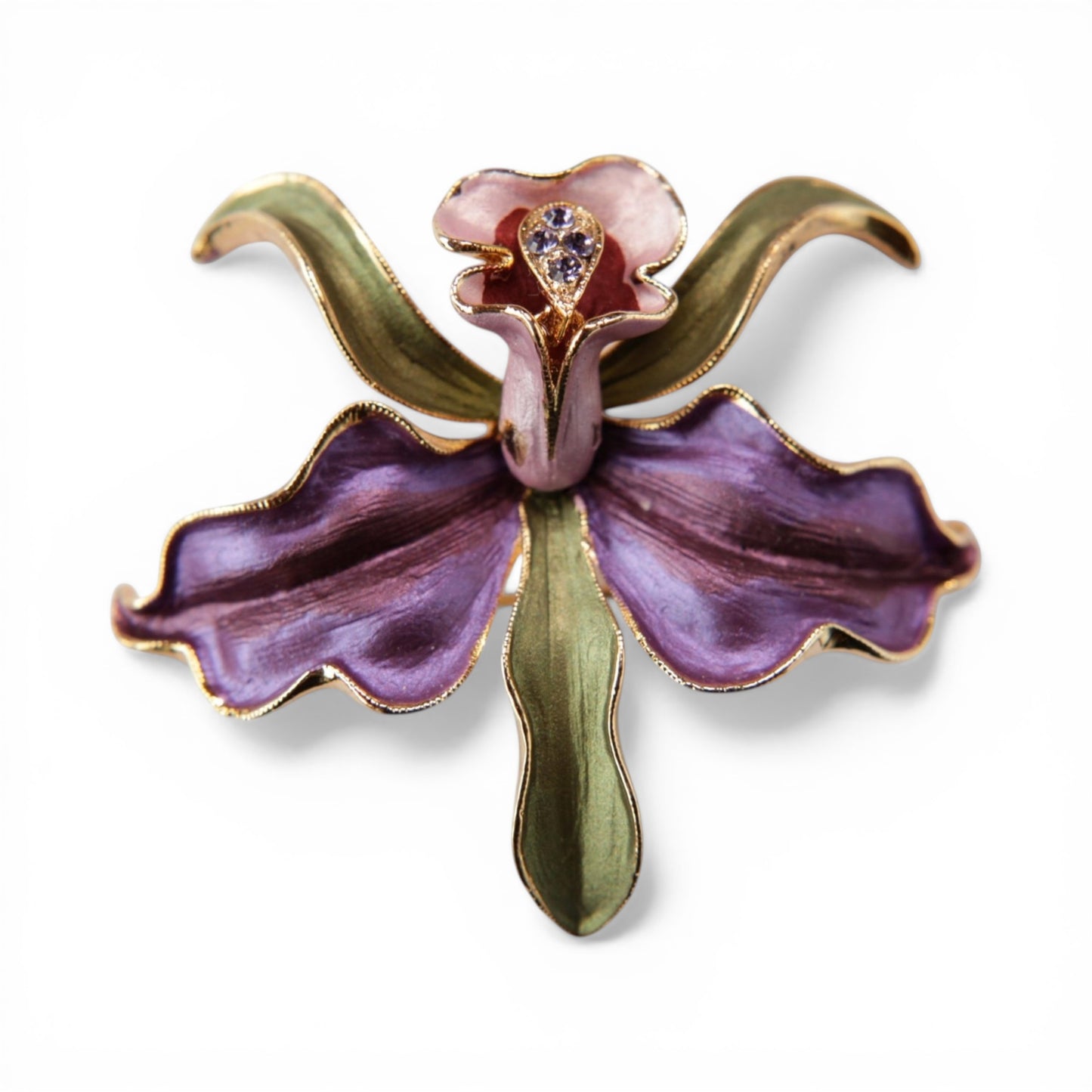 Three-dimensional orchid brooch with purple enamel petals, green enamel sepals, and a raised pink and burgundy enamel cent...
