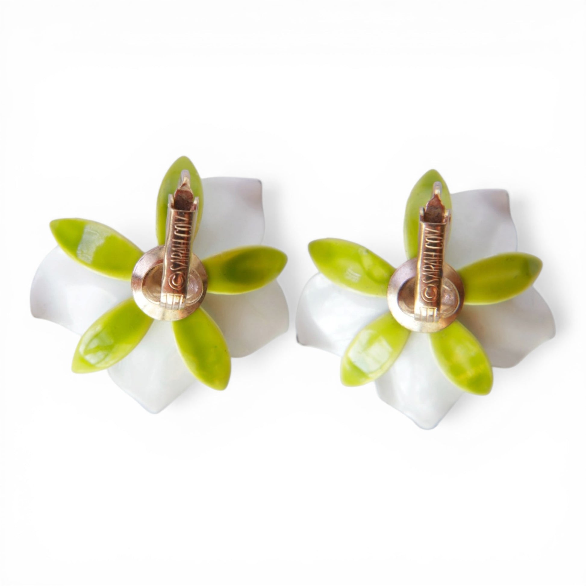 Reverse of SARAH COV floral clip-on earrings showing gold-tone lever-style clip mechanism stamped with copyright mark and ...