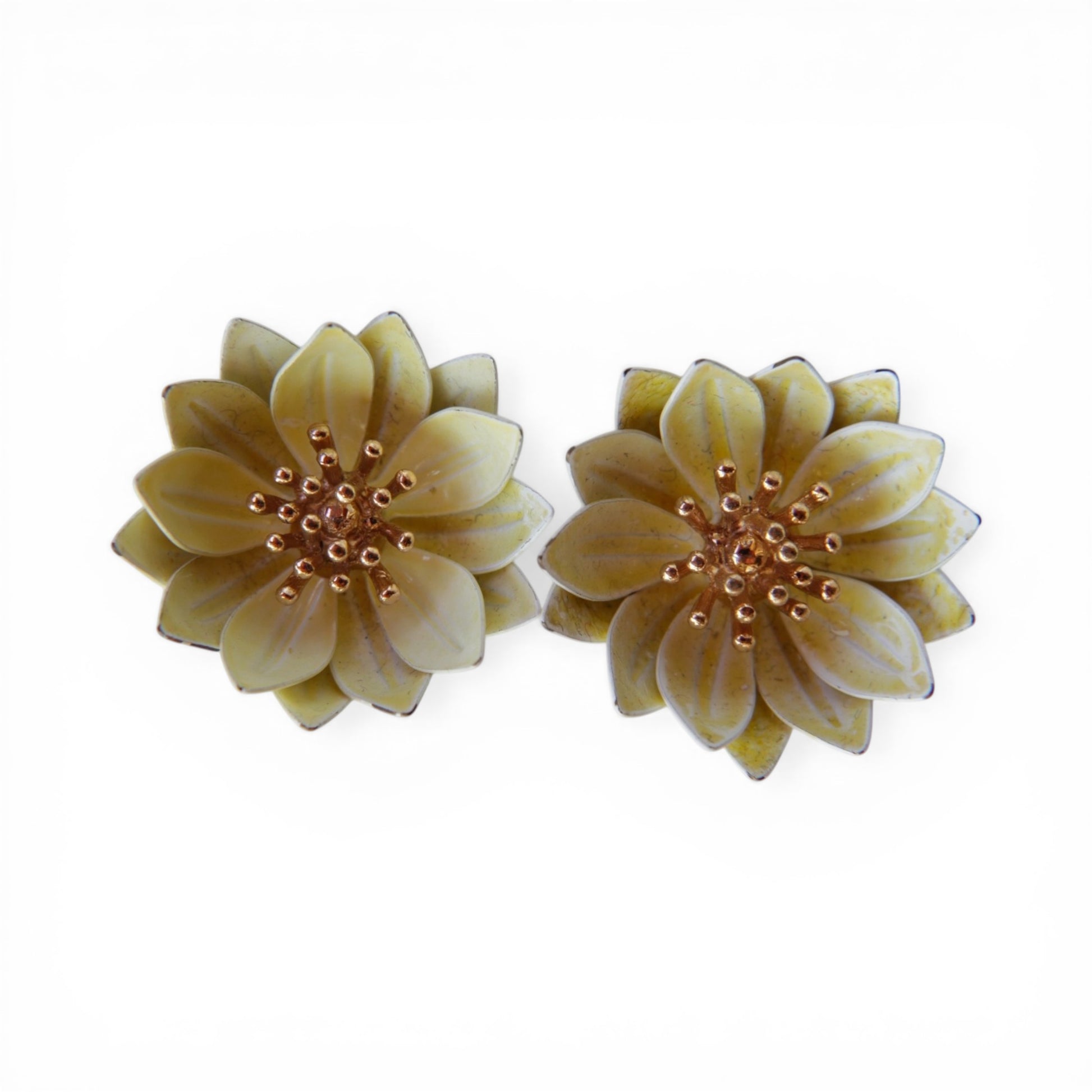 TRIFARI clip-on earrings with layered dahlia-form petals in olive yellow and ivory with dark navy edging and gold-tone sta...