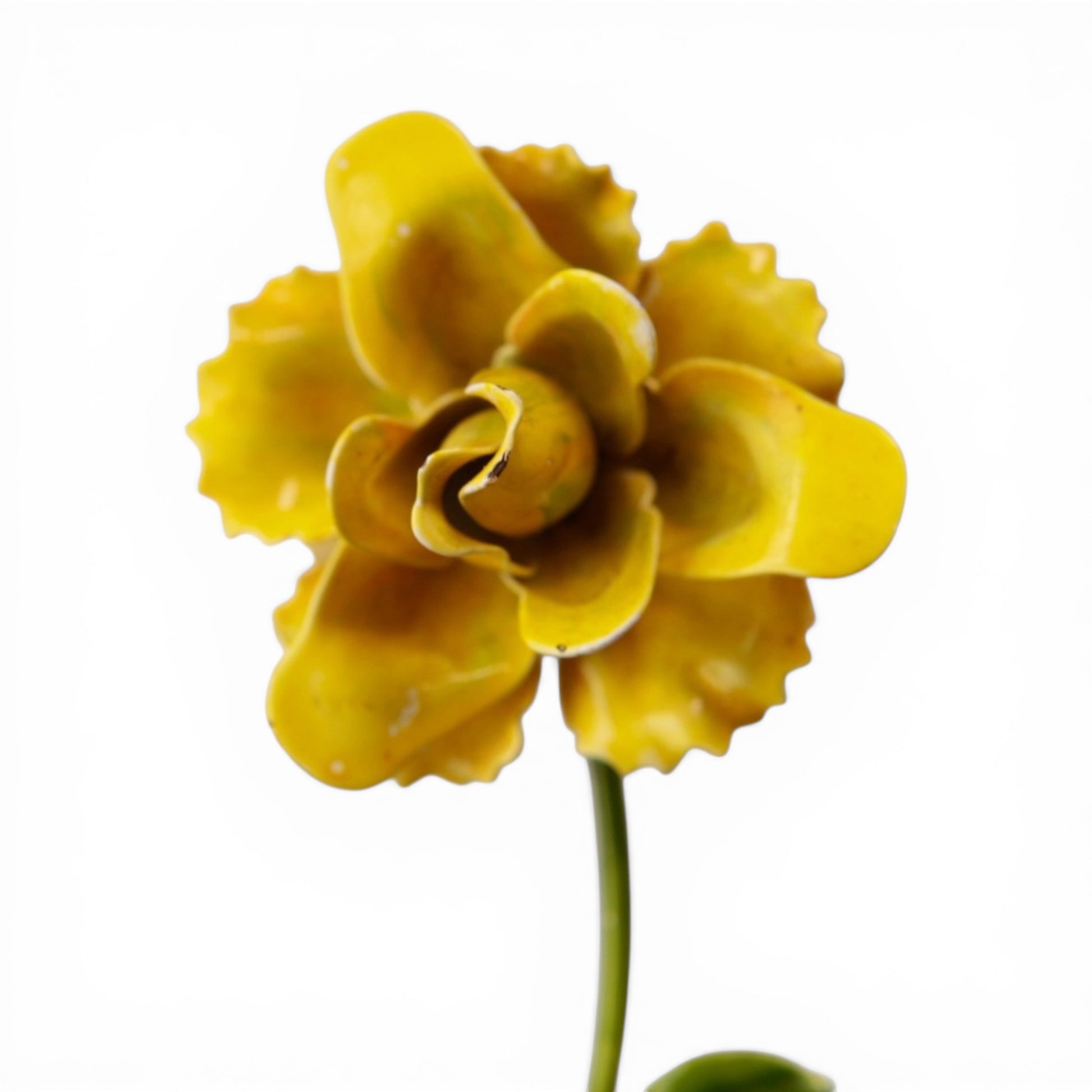 Reverse of yellow enamel rose brooch showing olive-toned enamel, horizontal pin-stem clasp with roller catch, and enamel wear