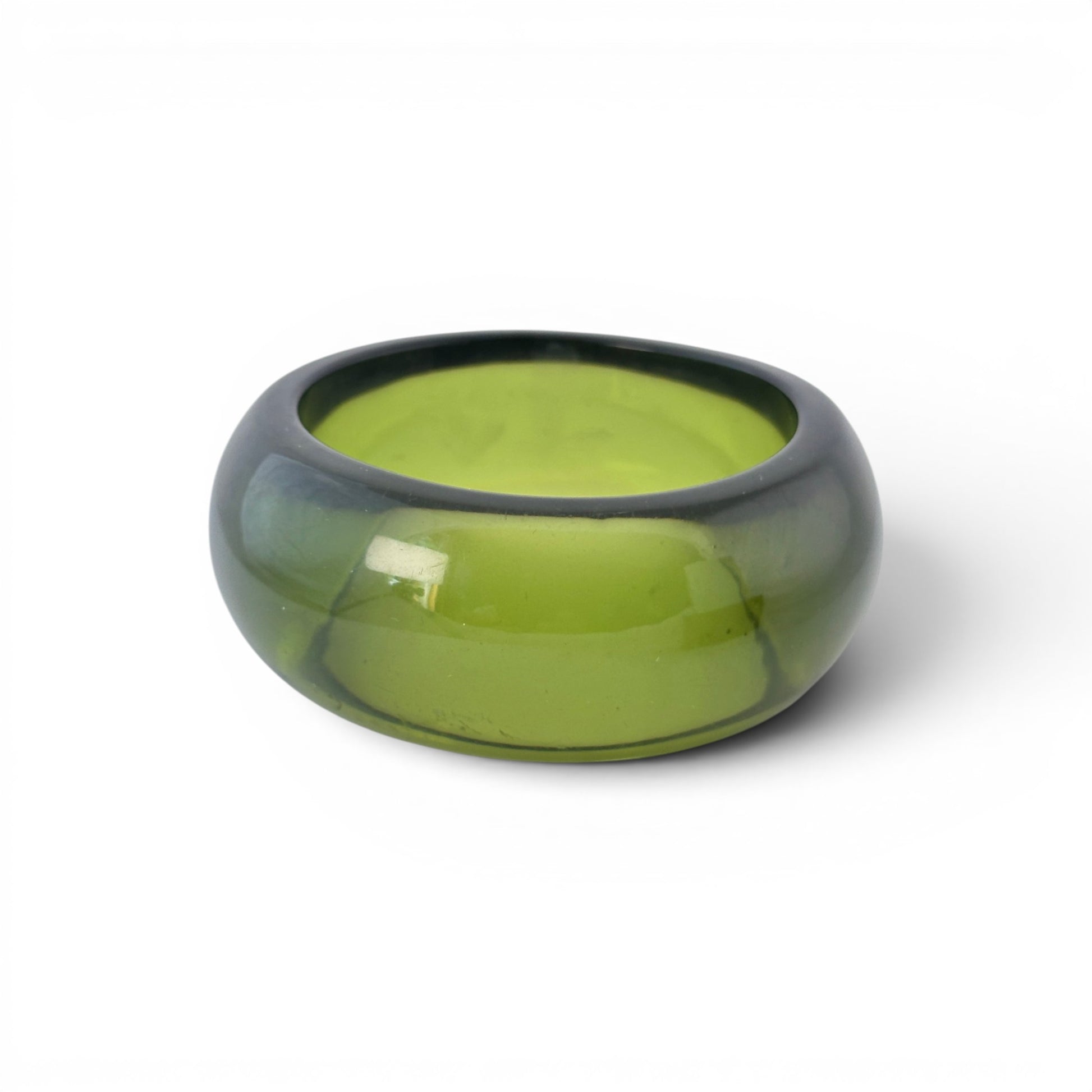 Wide domed olive green translucent Lucite bangle bracelet with polished convex exterior, slip-on style, no clasp