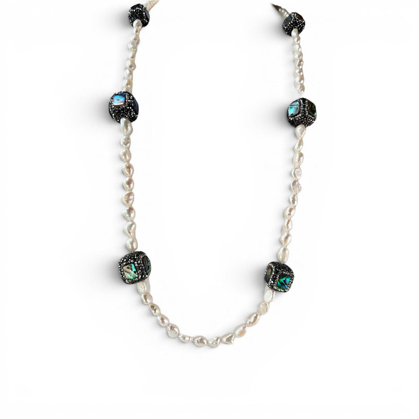 Opera-length baroque freshwater pearl necklace with dark rhinestone and abalone cushion focal beads, cream and gunmetal tones