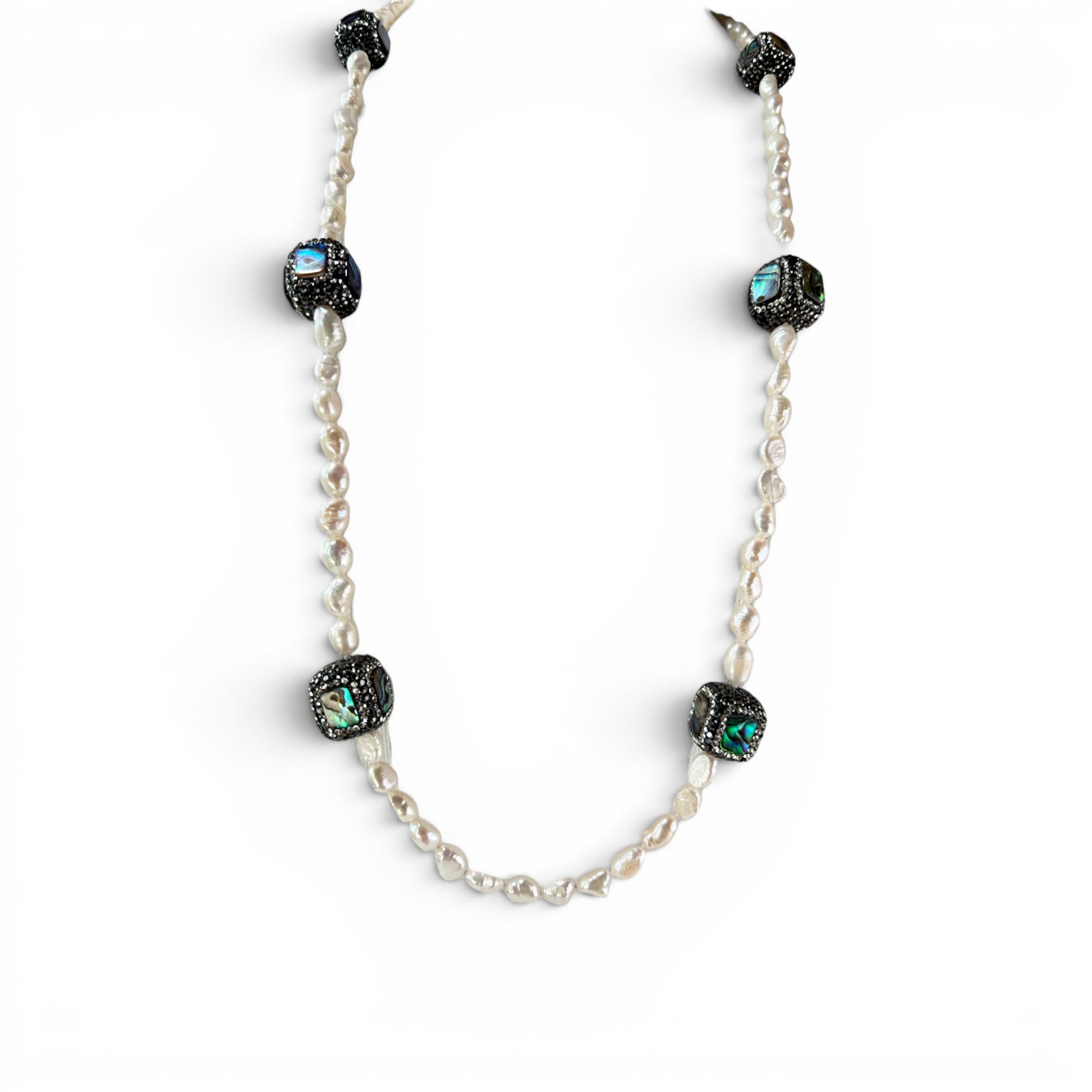 Opera-length baroque freshwater pearl necklace with dark rhinestone and abalone cushion focal beads, cream and gunmetal tones