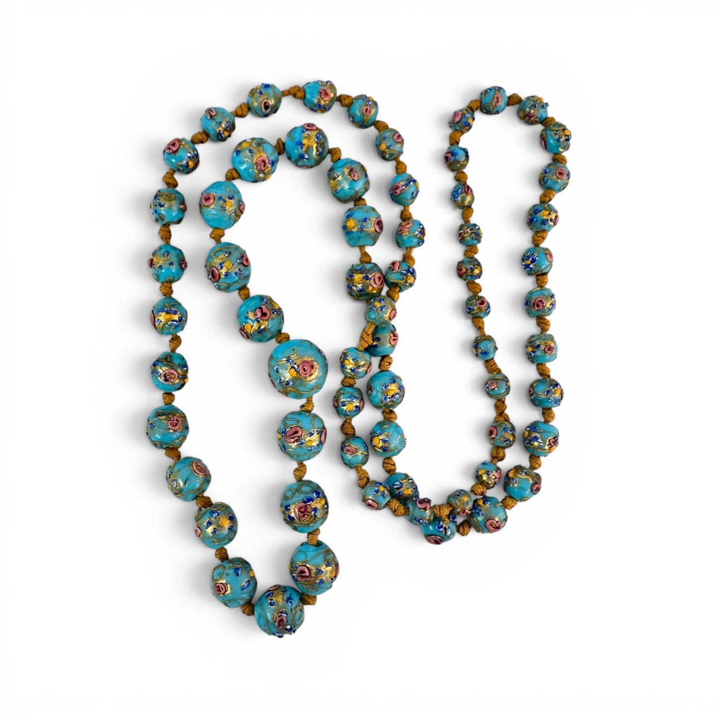 Center section of graduated Murano glass bead necklace showing largest bead with multicolor raised floral decoration and g...