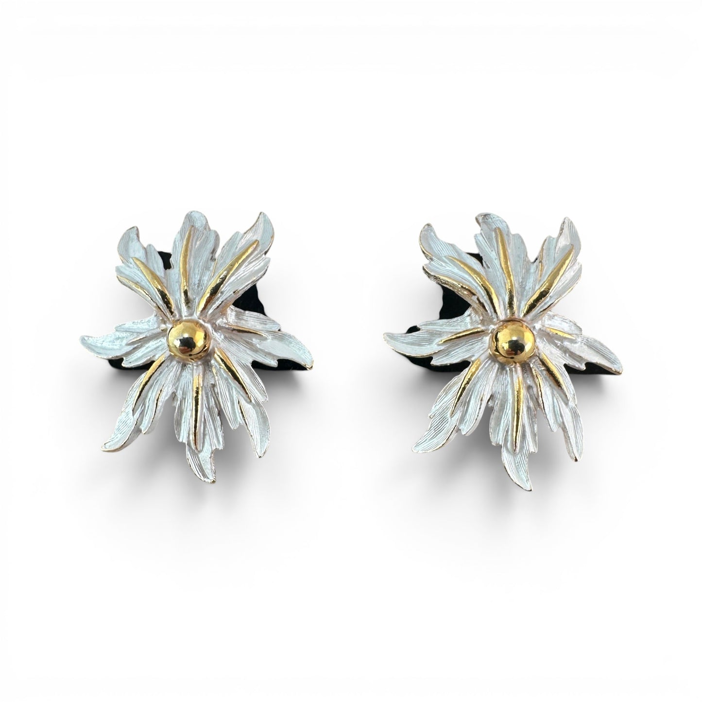 Parklane two-tone floral earrings, silver-tone layered petals with gold-tone veining and domed centre bead, approx. 1 inch