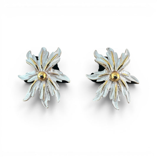 Parklane two-tone floral earrings, silver-tone layered petals with gold-tone veining and domed centre bead, approx. 1 inch