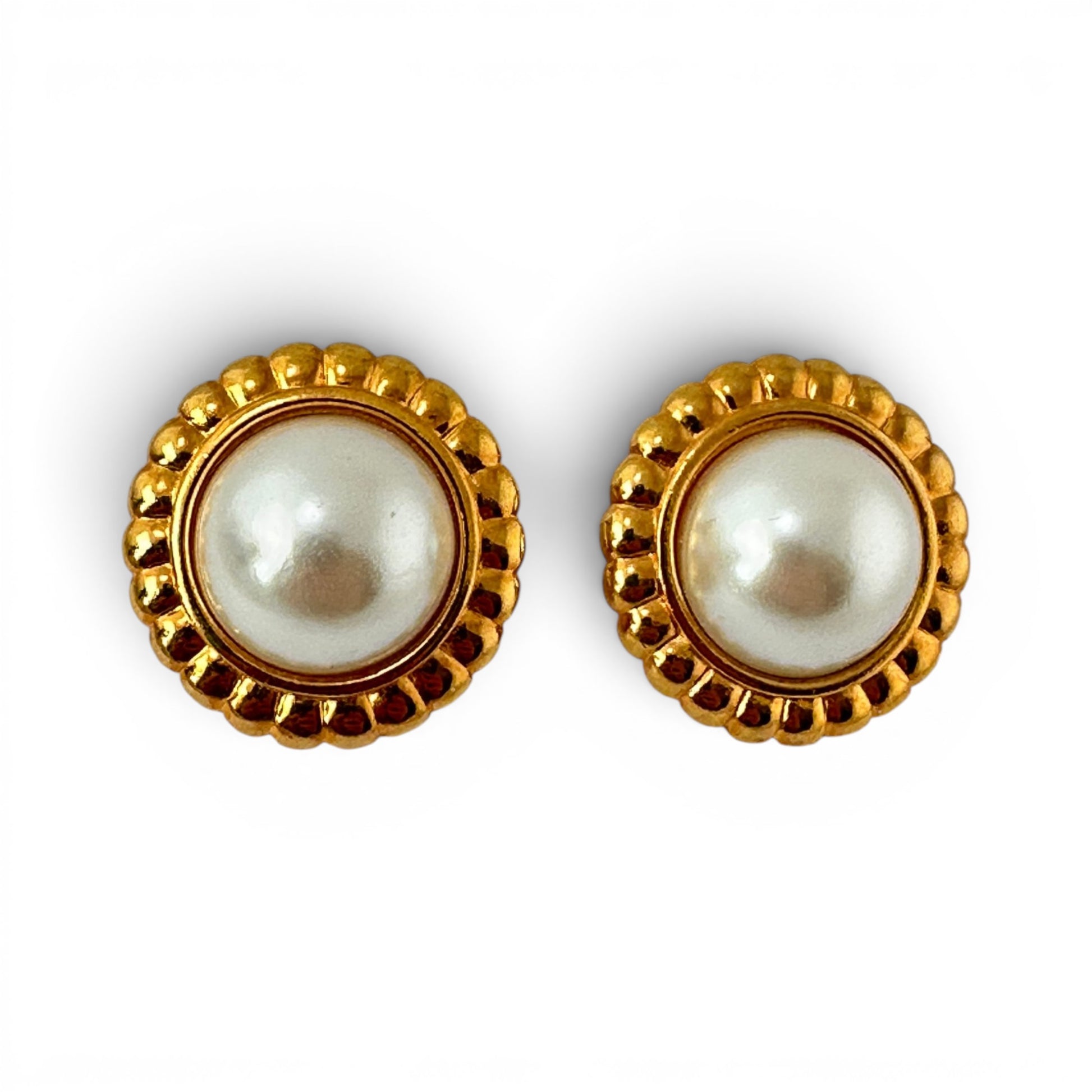 Anne Klein faux mabé pearl earrings in scalloped gold-tone frames — front