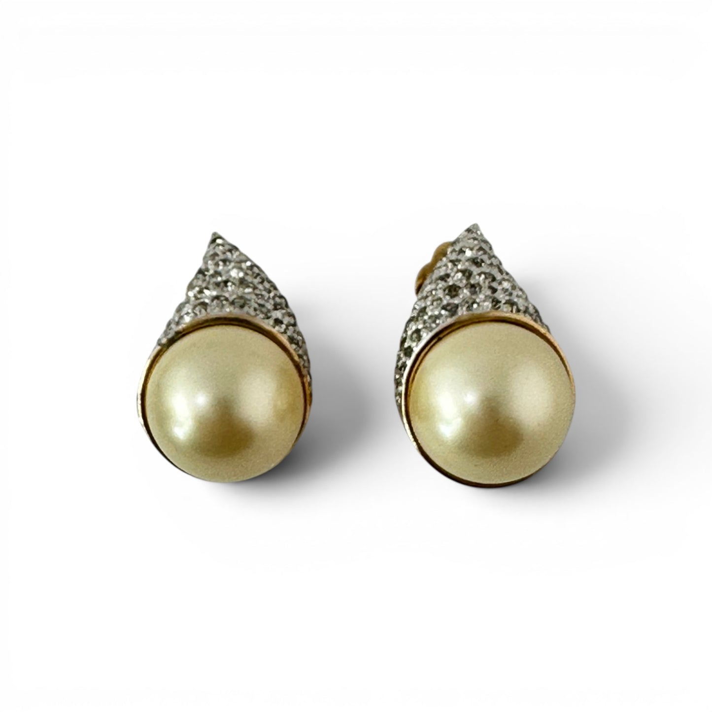 Panetta clip-on earrings with large domed faux pearl in gold-tone cup and pointed pavé rhinestone cap in silver-tone metal