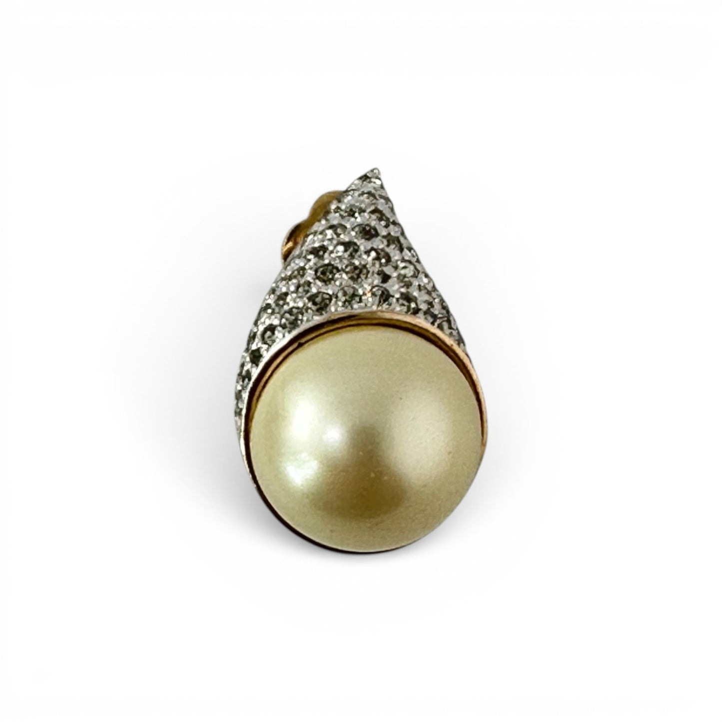 Front view of Panetta faux pearl and rhinestone flame earrings showing two-tone gold and silver construction