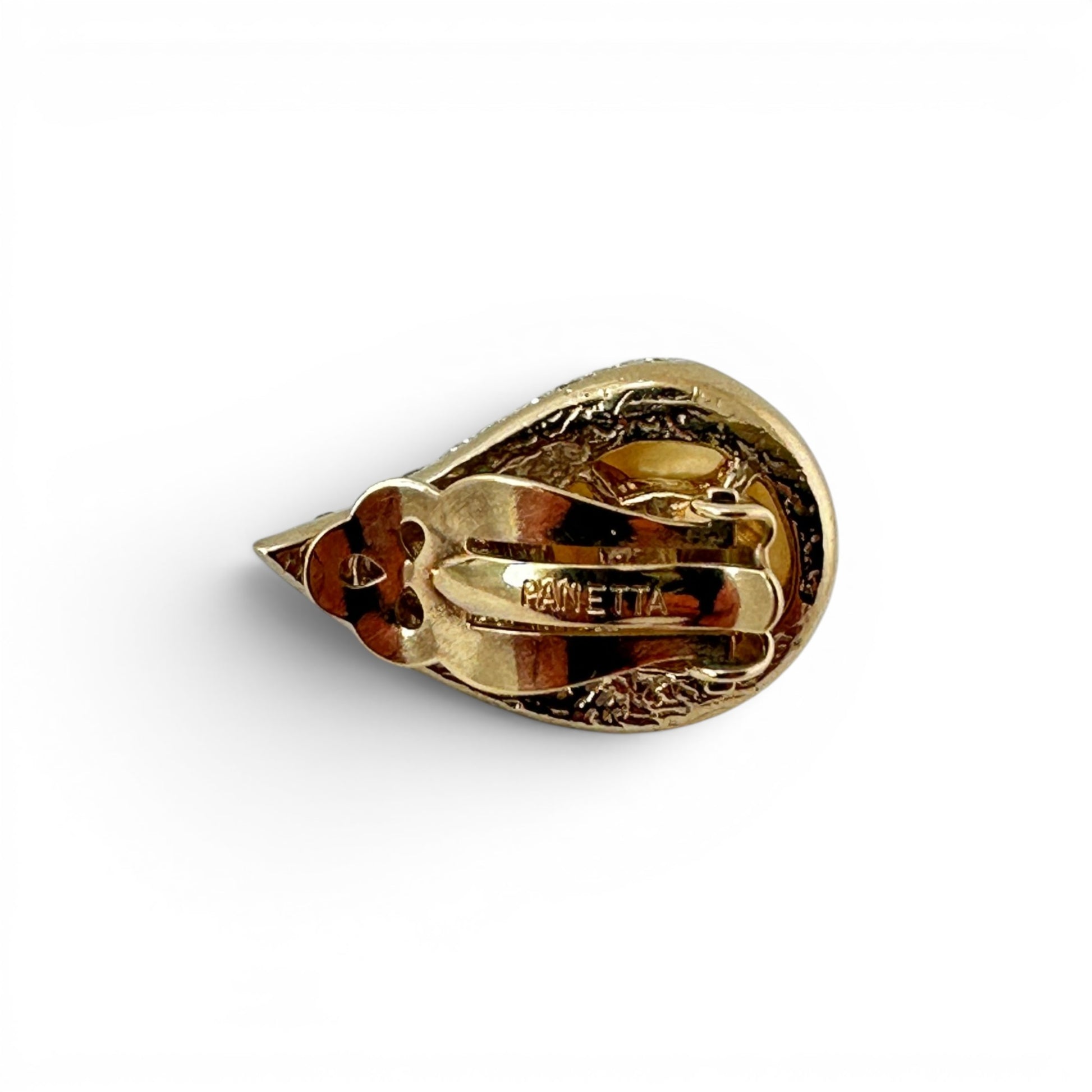 Side profile of Panetta domed pearl earring showing sculptural teardrop silhouette with pointed rhinestone crown