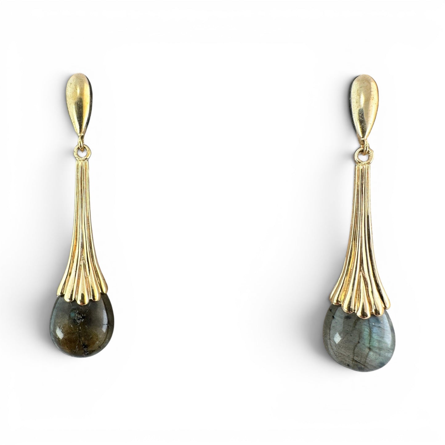 Gold-tone ribbed fan bale drop earrings with grey-green labradorite briolette stones, front view, approx 1.25in drop