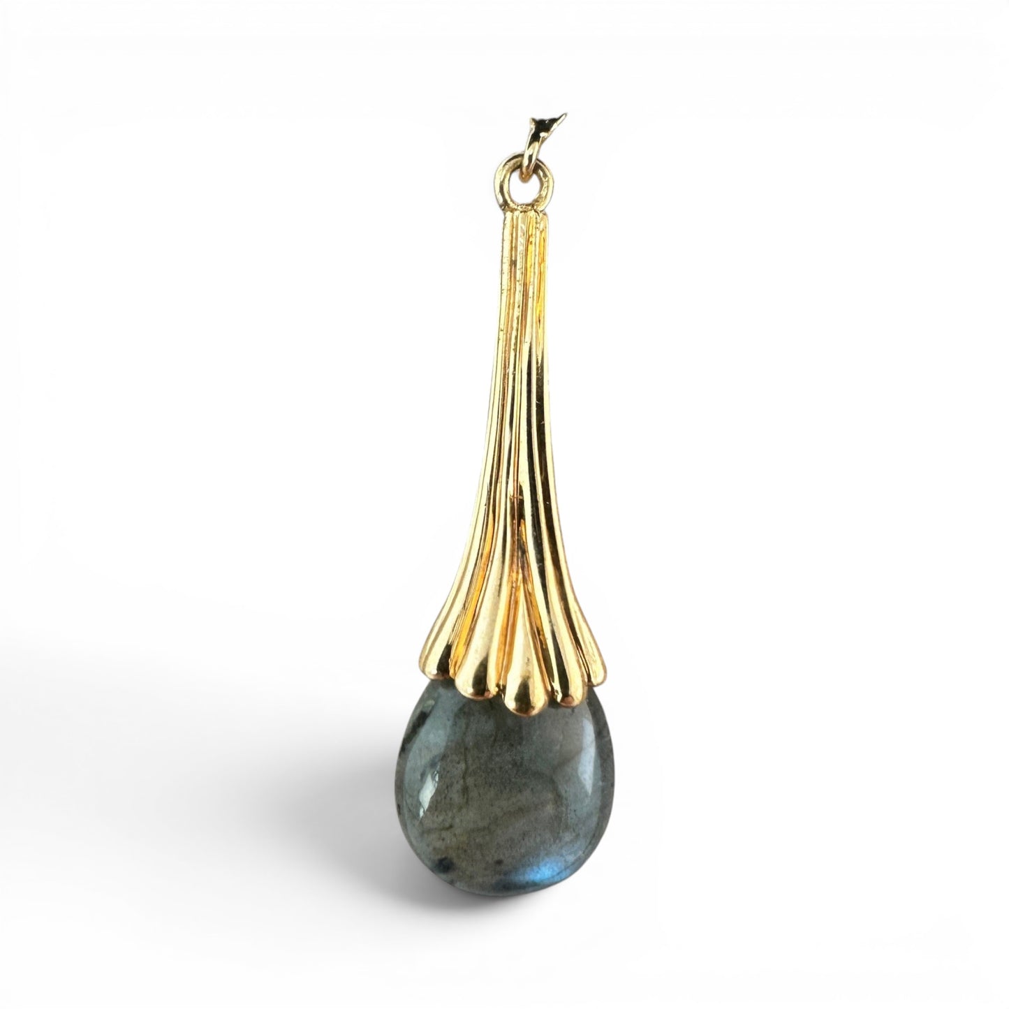 Labradorite briolette drops showing blue-green iridescent schiller flash under direct light