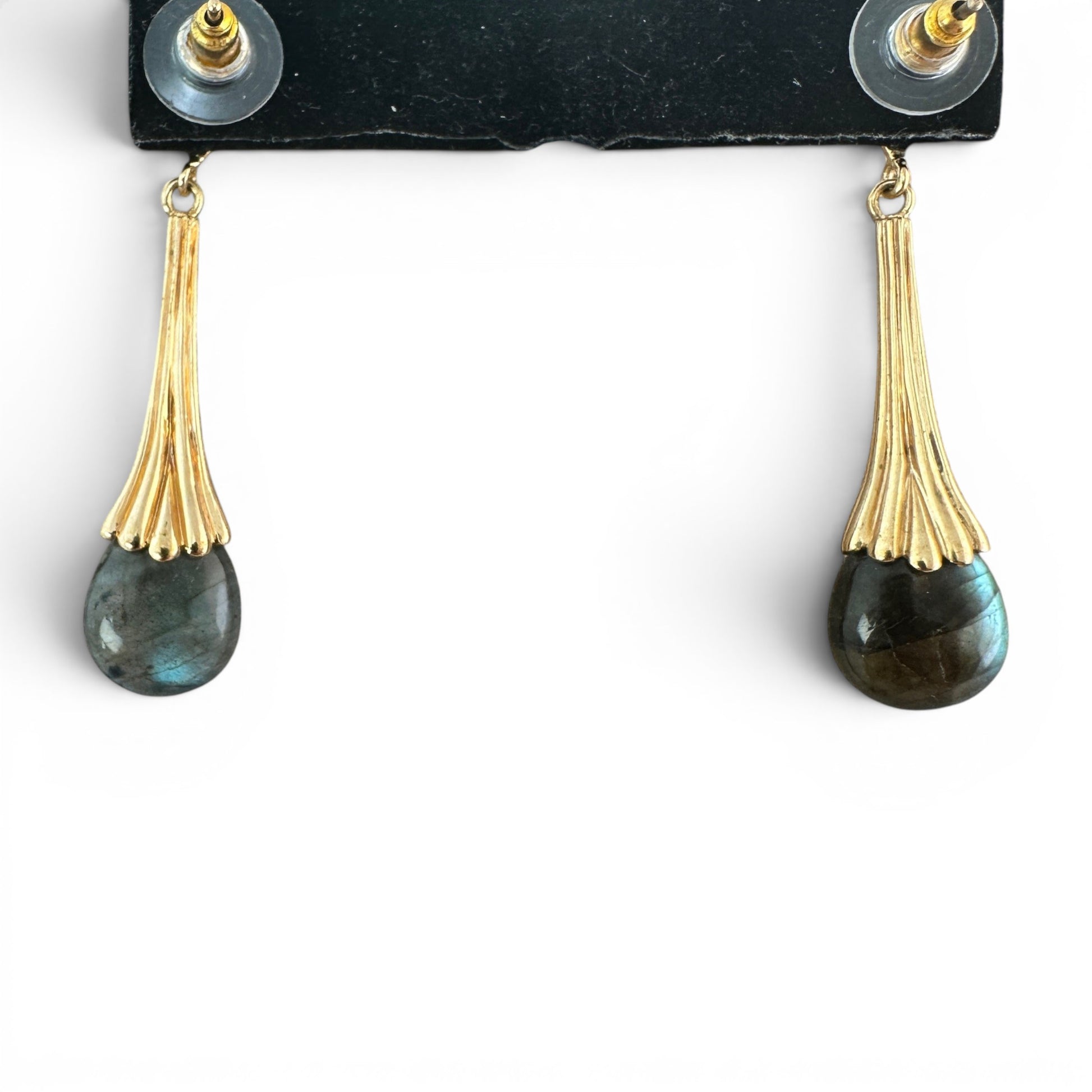 Reverse view of post-and-butterfly backs with silicone friction grips on gold-tone drop earrings