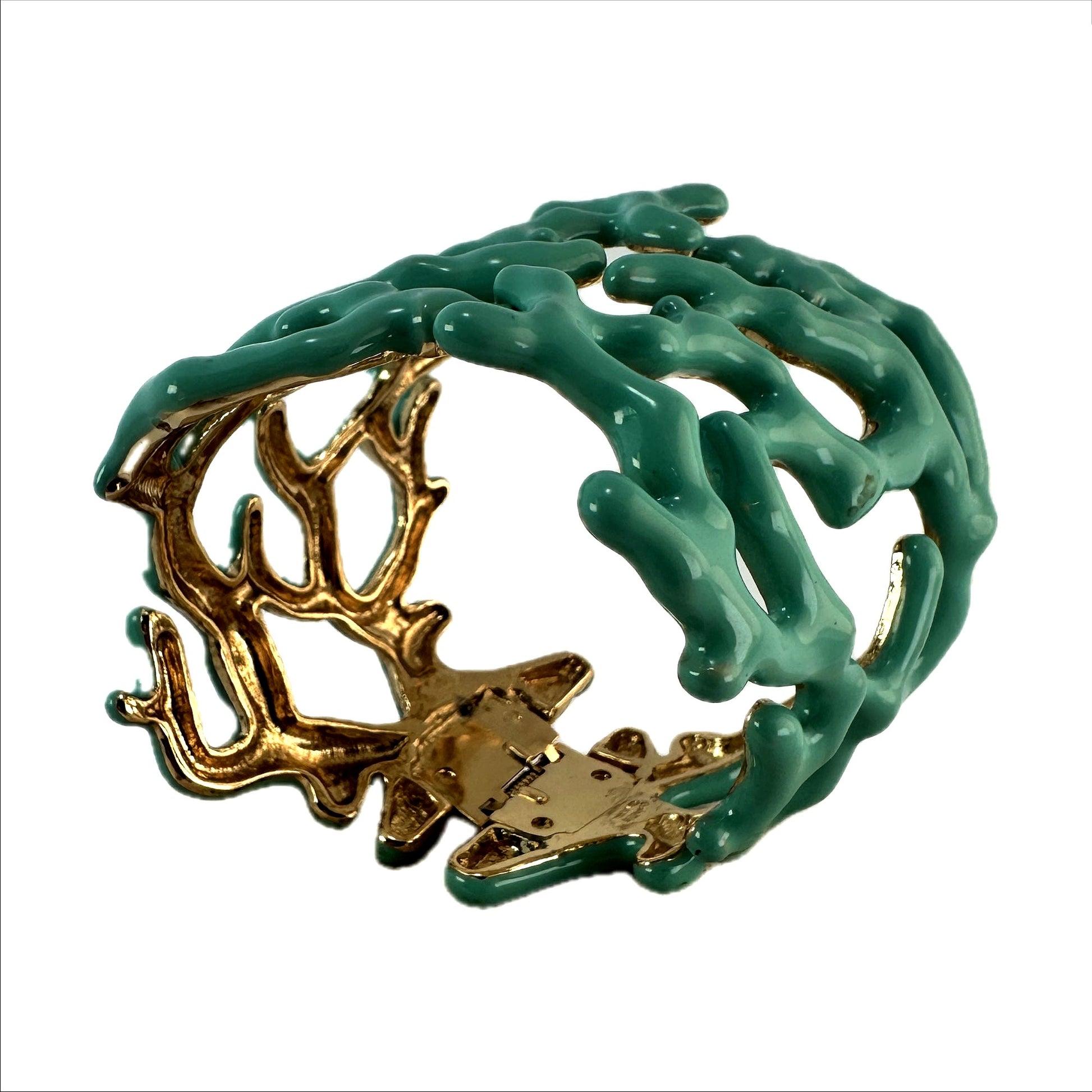 Kenneth Jay Lane coral cuff — interior showing gold-tone finish and hinge