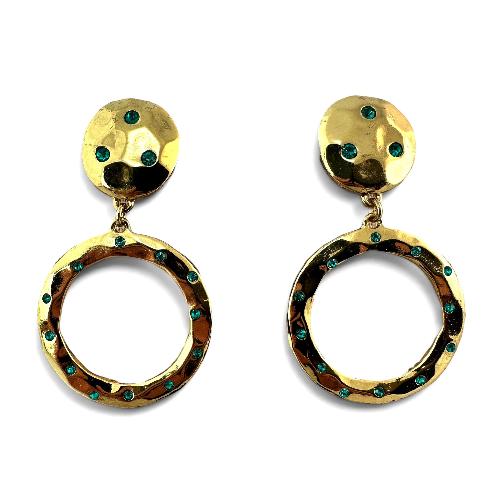 Heidi Daus signed gold-tone drop earrings with hammered disc top and teal rhinestone-studded open hoop, front view