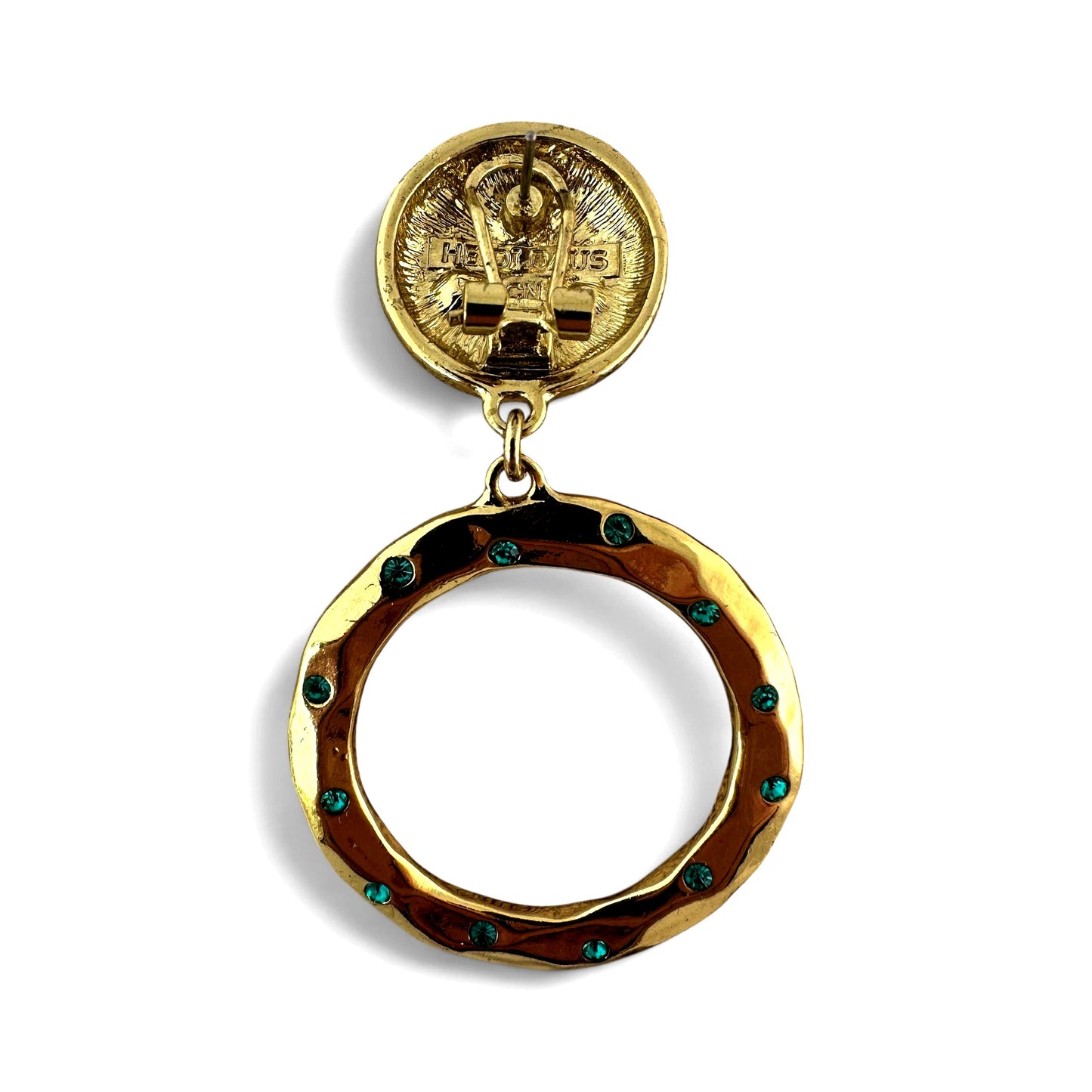 Side view of Heidi Daus earrings showing jump ring link connecting disc stud top to suspended open hoop