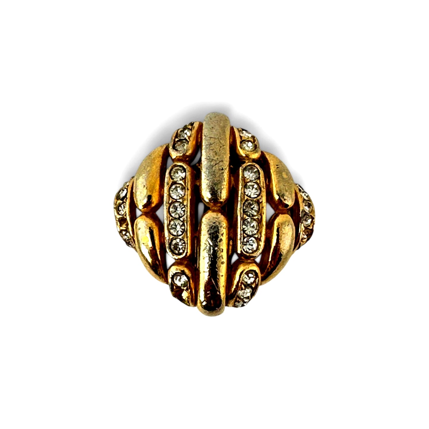 Side profile of three-dimensional domed gold-tone Ciner earrings showing depth of open-work cage construction
