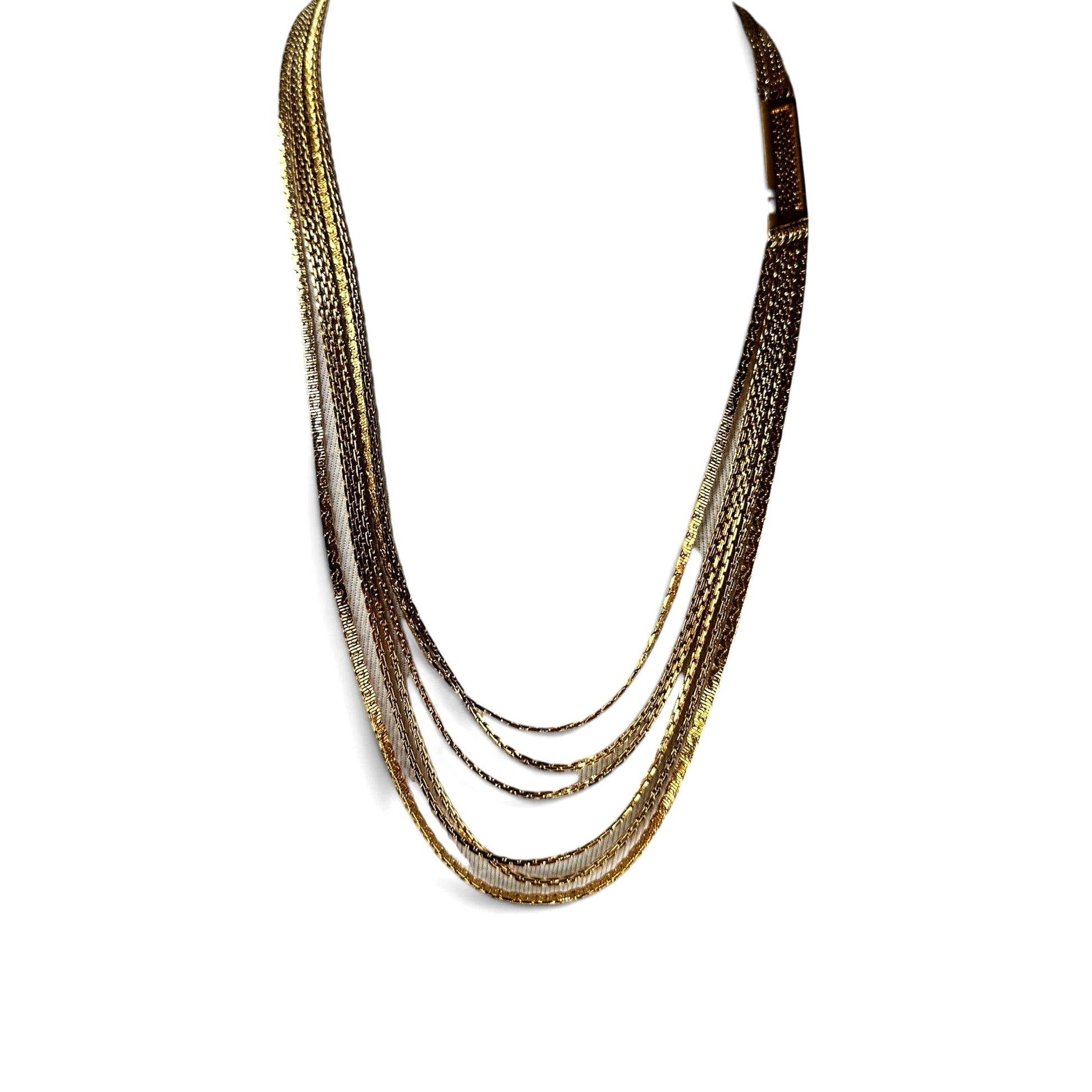 Multi-strand gold-tone Monet necklace with five to six mixed chain types including flat mesh, box-link, and snake chains