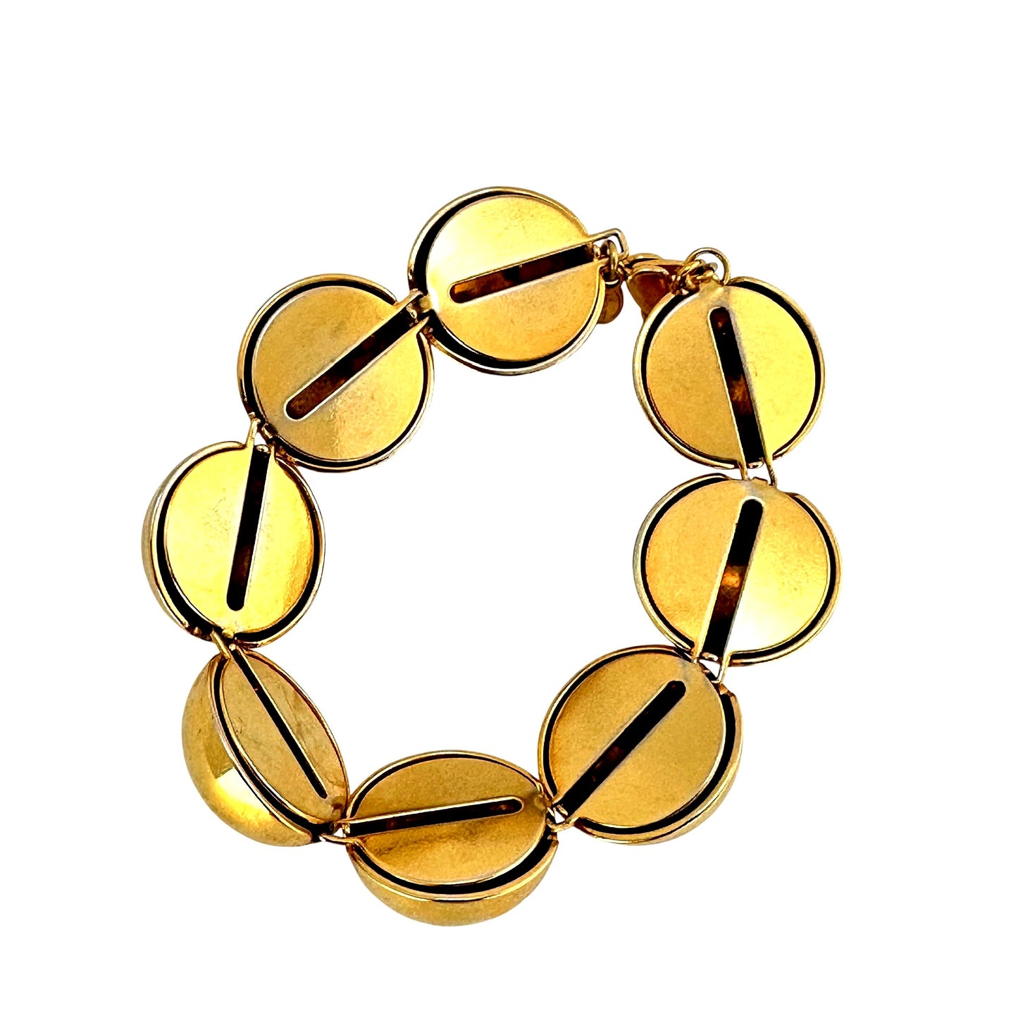 Side angle of Monet goldtone bracelet showing dimensional domed links