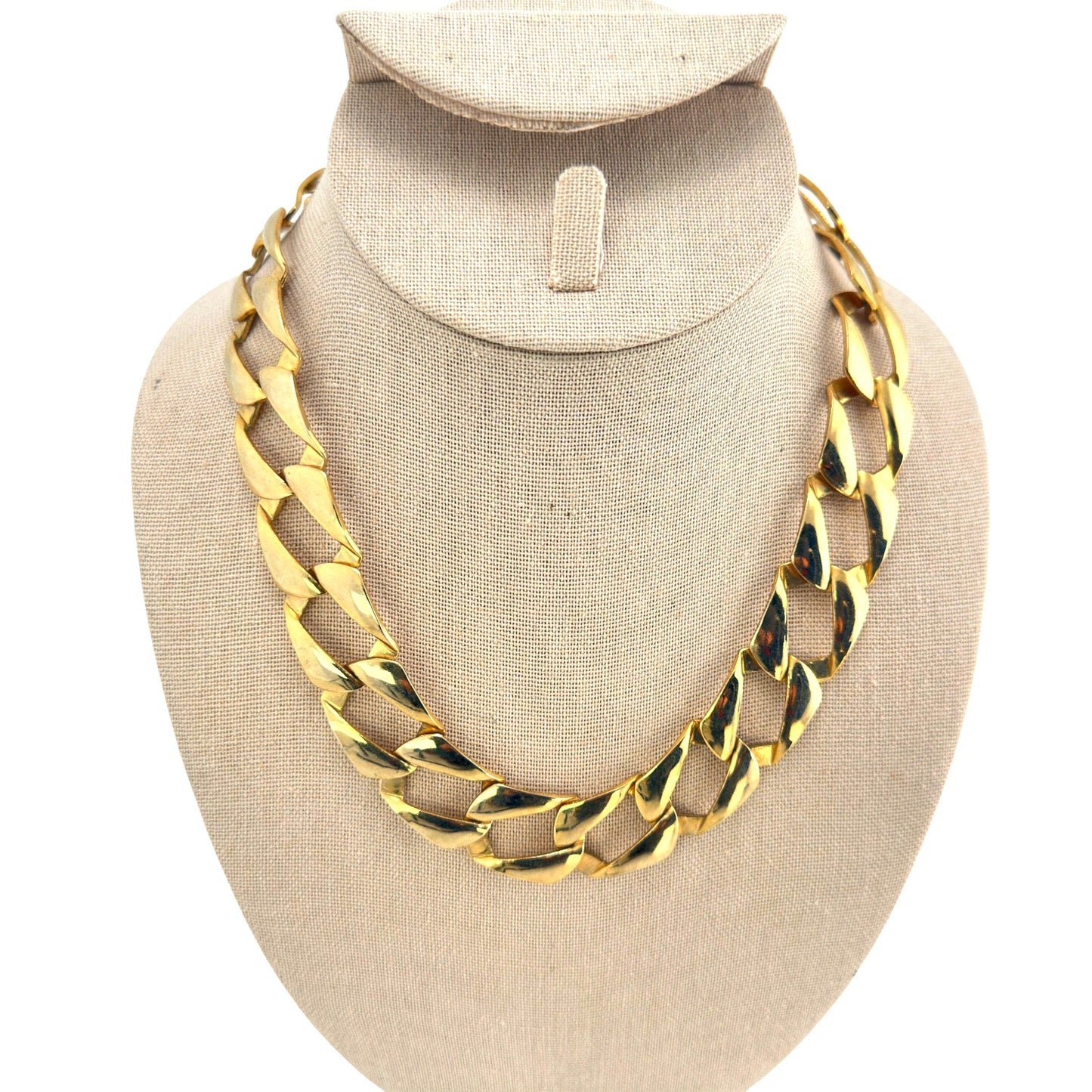 Vintage chunky gold-tone curb link necklace displayed on a bust