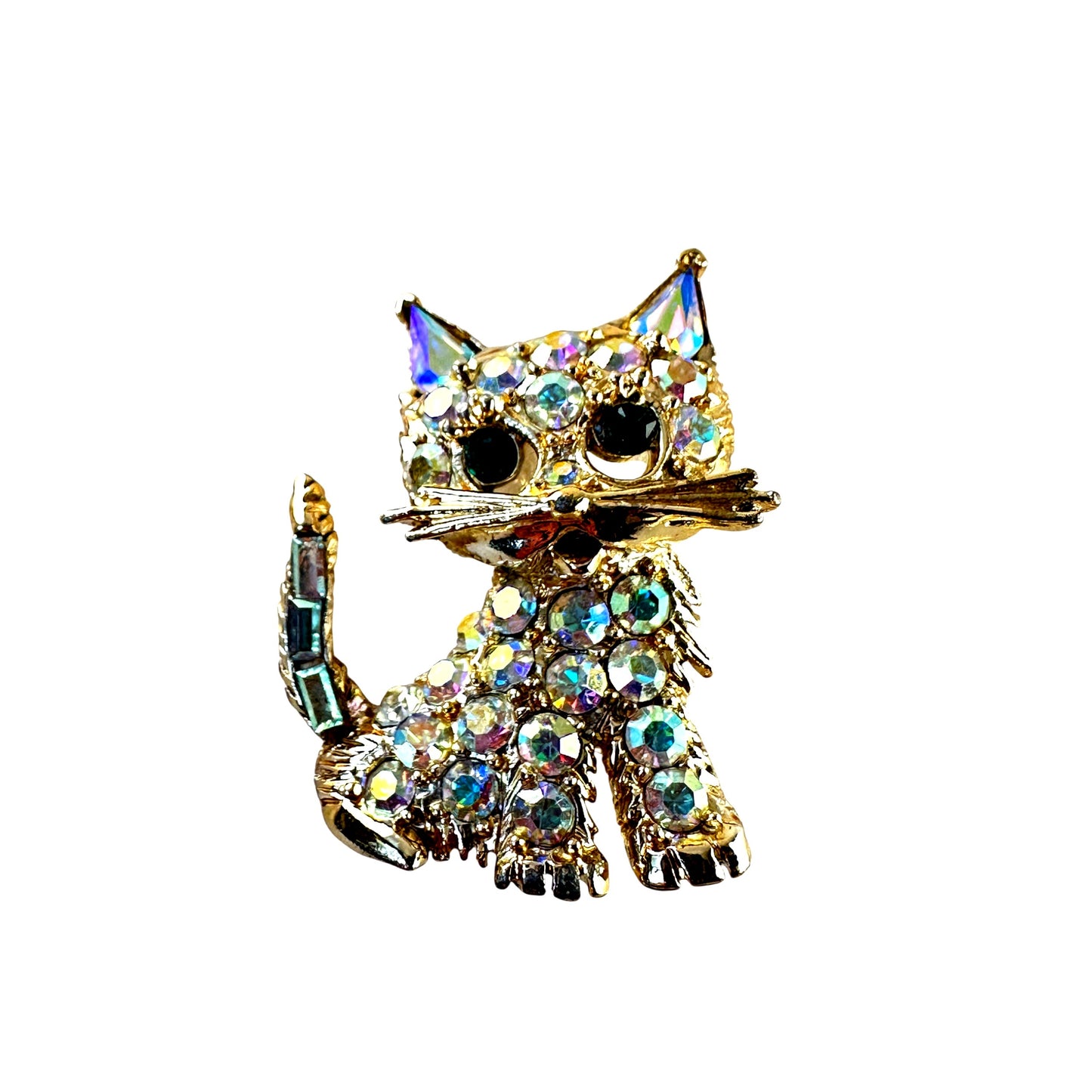 Gold-tone rhinestone kitten brooch – front view