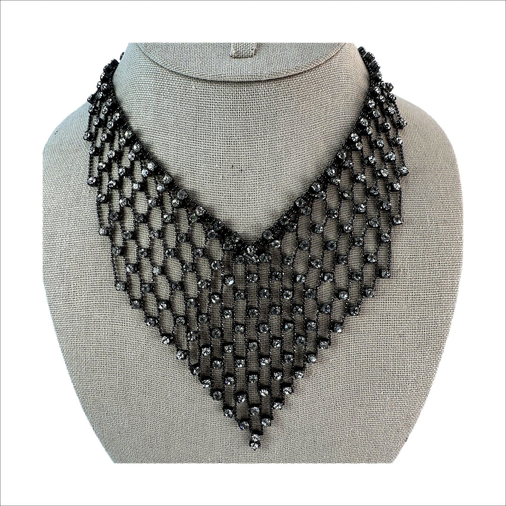 Rhinestone bib necklace, 1990s — front on display bust