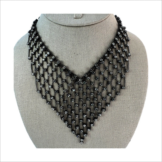 Rhinestone bib necklace, 1990s — front on display bust