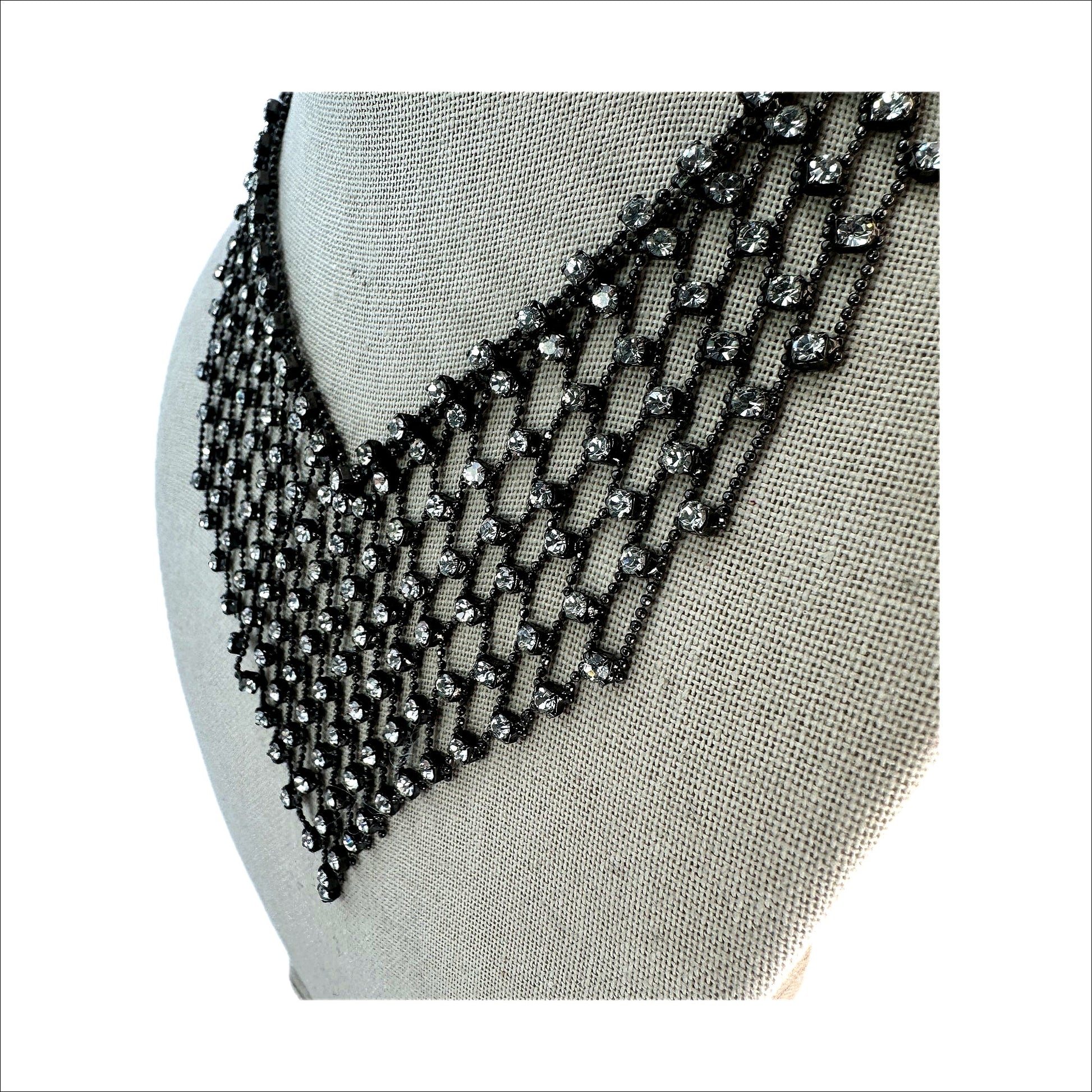 Rhinestone bib necklace — close view of V-drop mesh