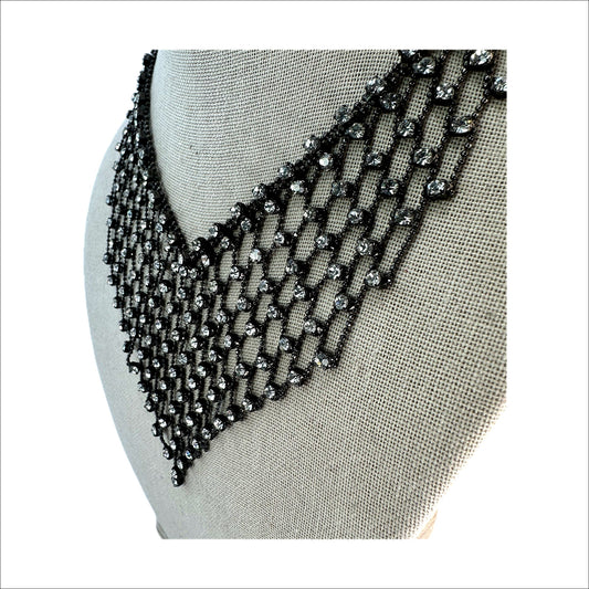 Rhinestone bib necklace — close view of V-drop mesh