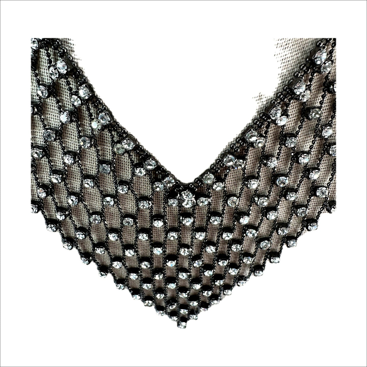 Rhinestone bib necklace — detail of mesh fringe taper