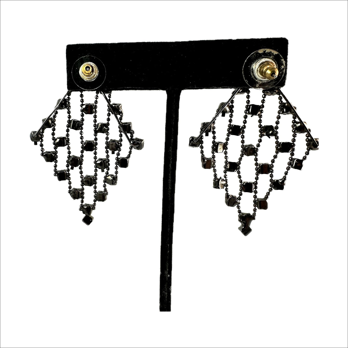 Rhinestone mesh drop earrings — backs showing pierced posts and clutches